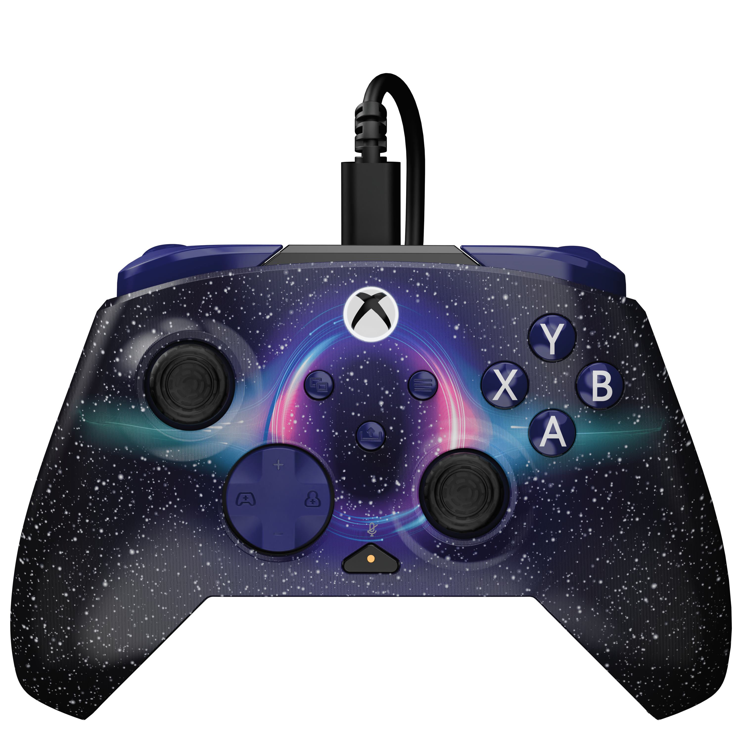 Kontroler Xbox z gwieździstym motywem kosmicznym, świecącą galaktyką i czarnym kablem.