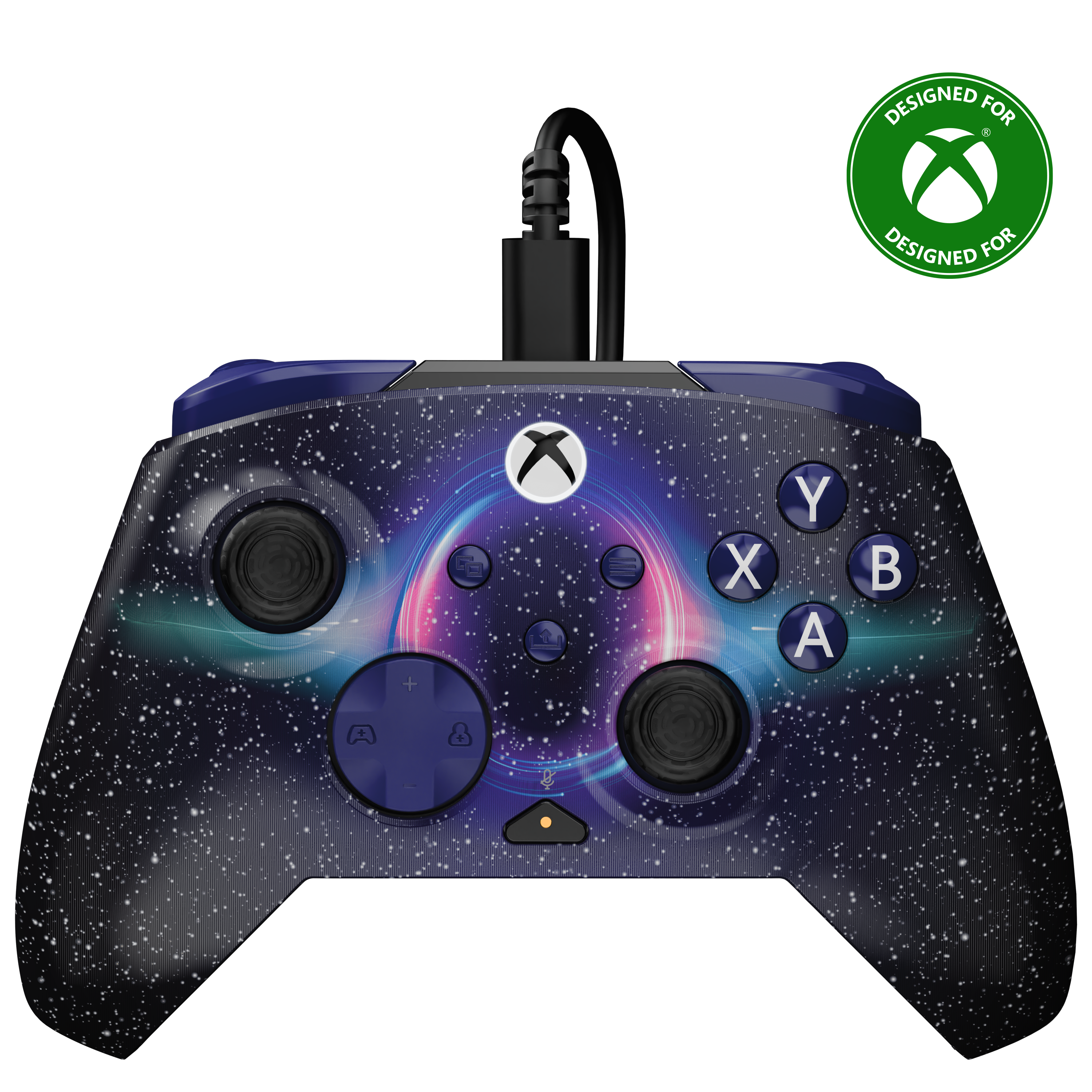 Przewodowy kontroler Xbox z galaktyczną grafiką kosmiczną i dołączonym kablem USB-C.