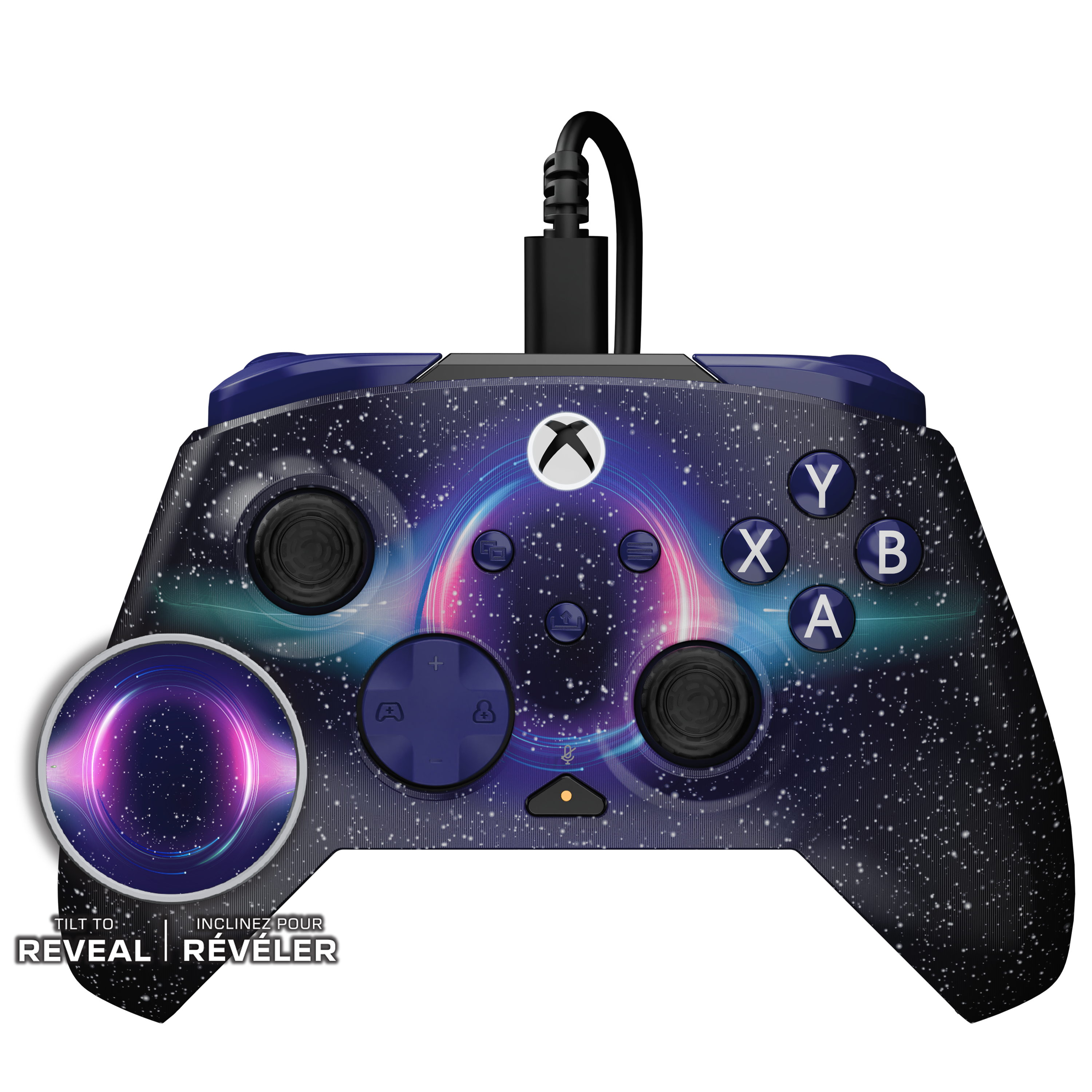 Kontroler Xbox z wzorem galaktyki i efektem świecenia na czarnym tle.