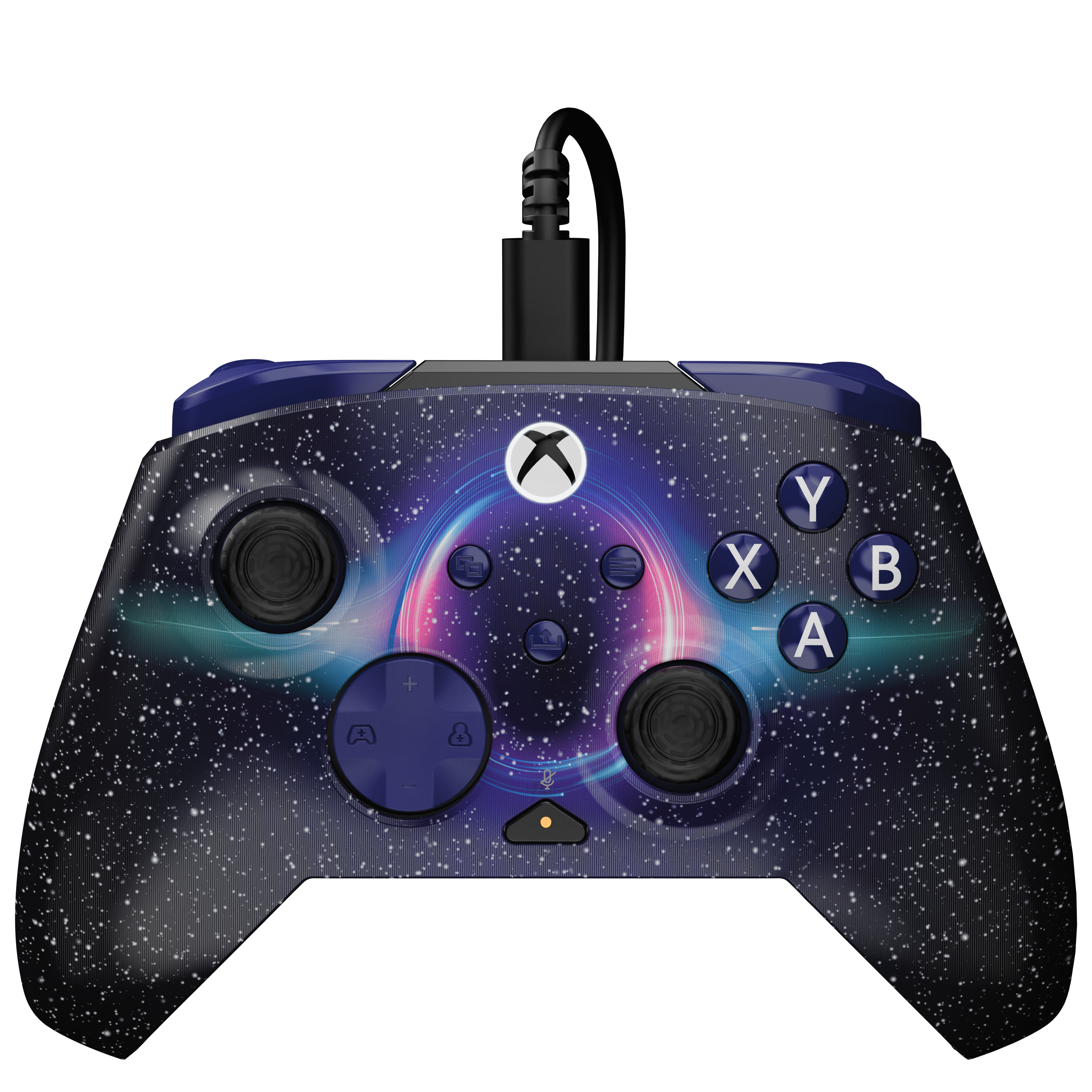 Przewodowy kontroler Xbox z motywem kosmicznym, gwiazdami i fioletowym wirem.