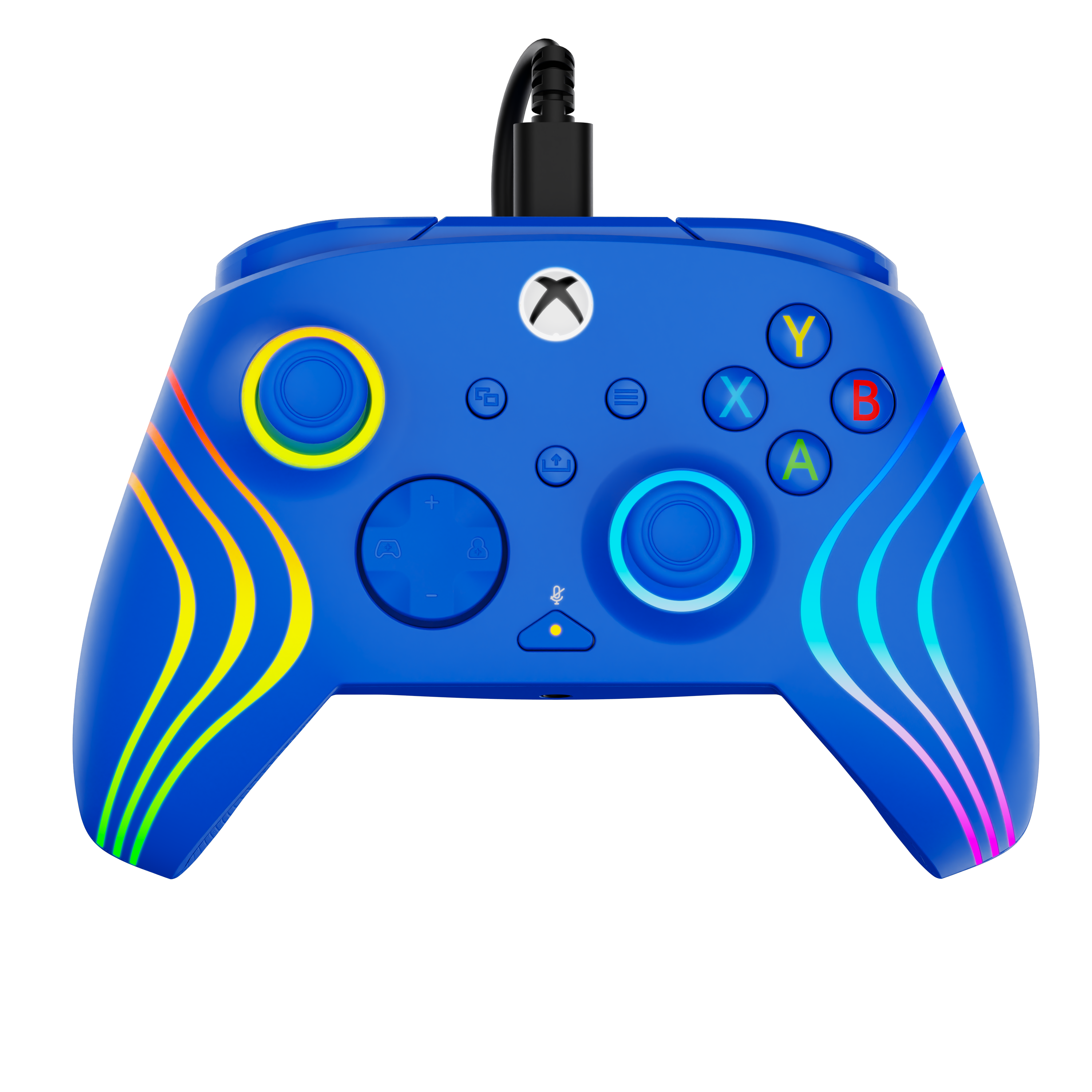 Une manette Xbox bleue avec câble, bandes colorées et anneaux lumineux autour des joysticks.