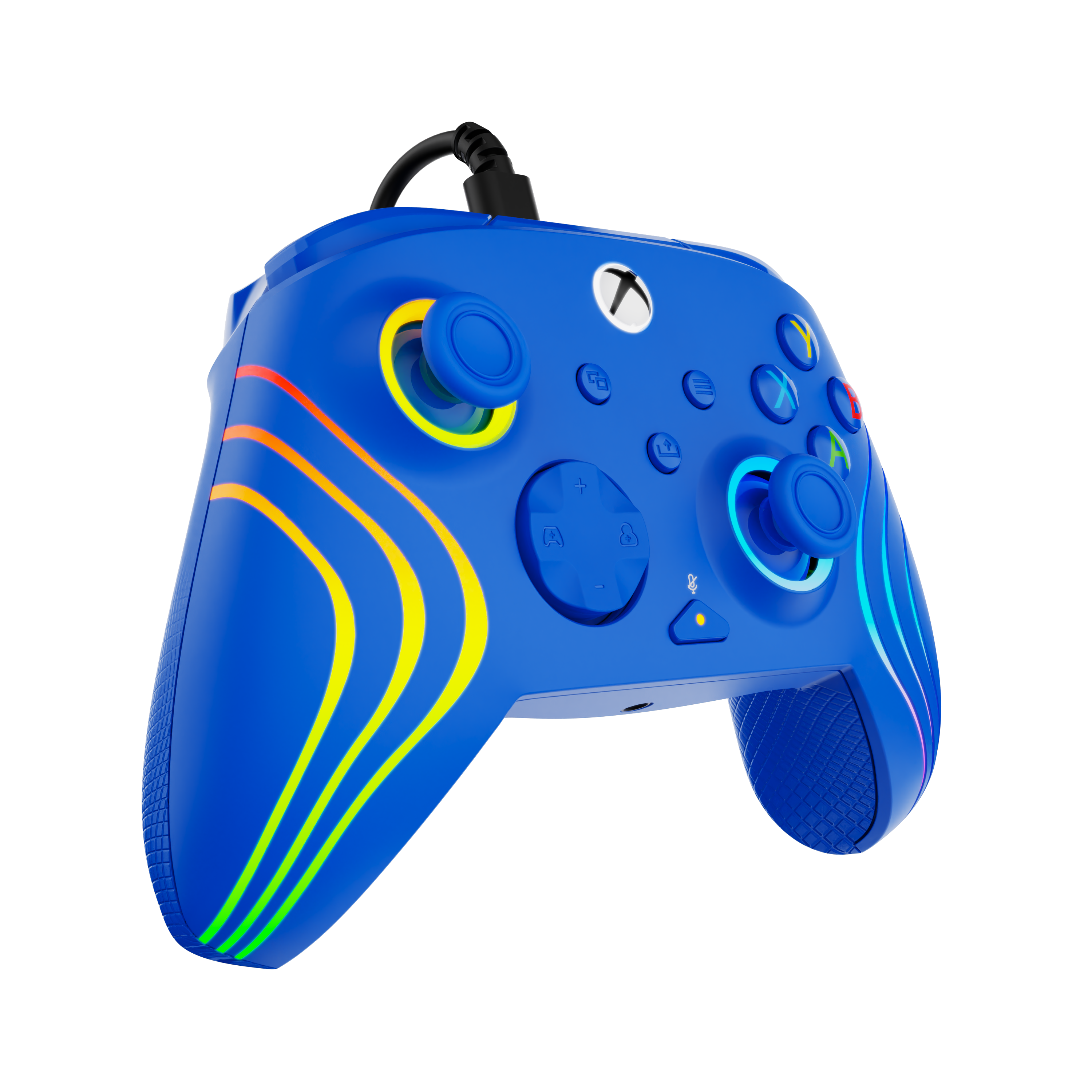Une manette Xbox bleue avec des rayures colorées et un câble sur fond noir.