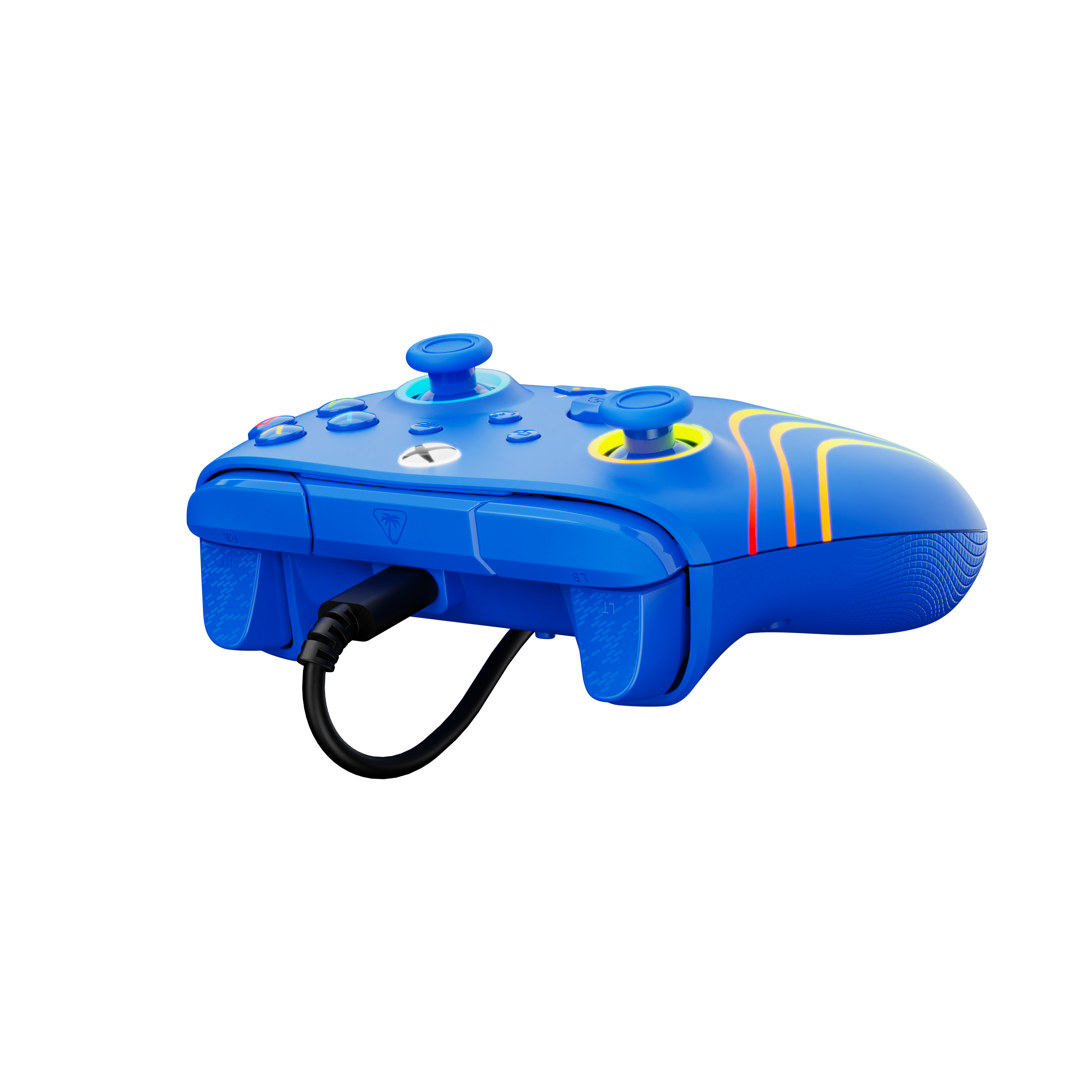 Une manette de jeu bleue avec un câble noir, des lignes colorées et deux joysticks sur fond noir.