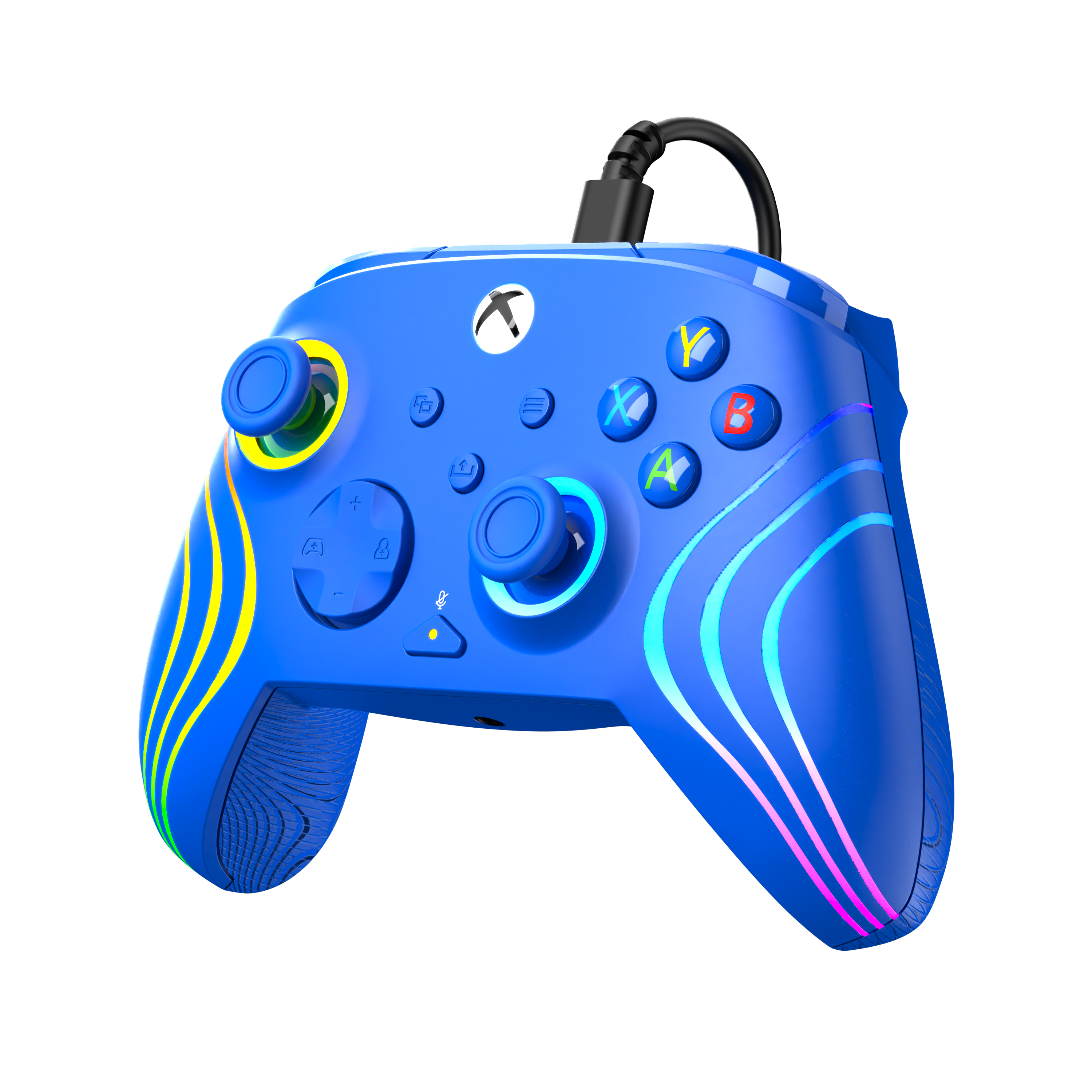 Une manette Xbox bleue avec des bandes lumineuses colorées, deux joysticks, des boutons de couleur et un câble.