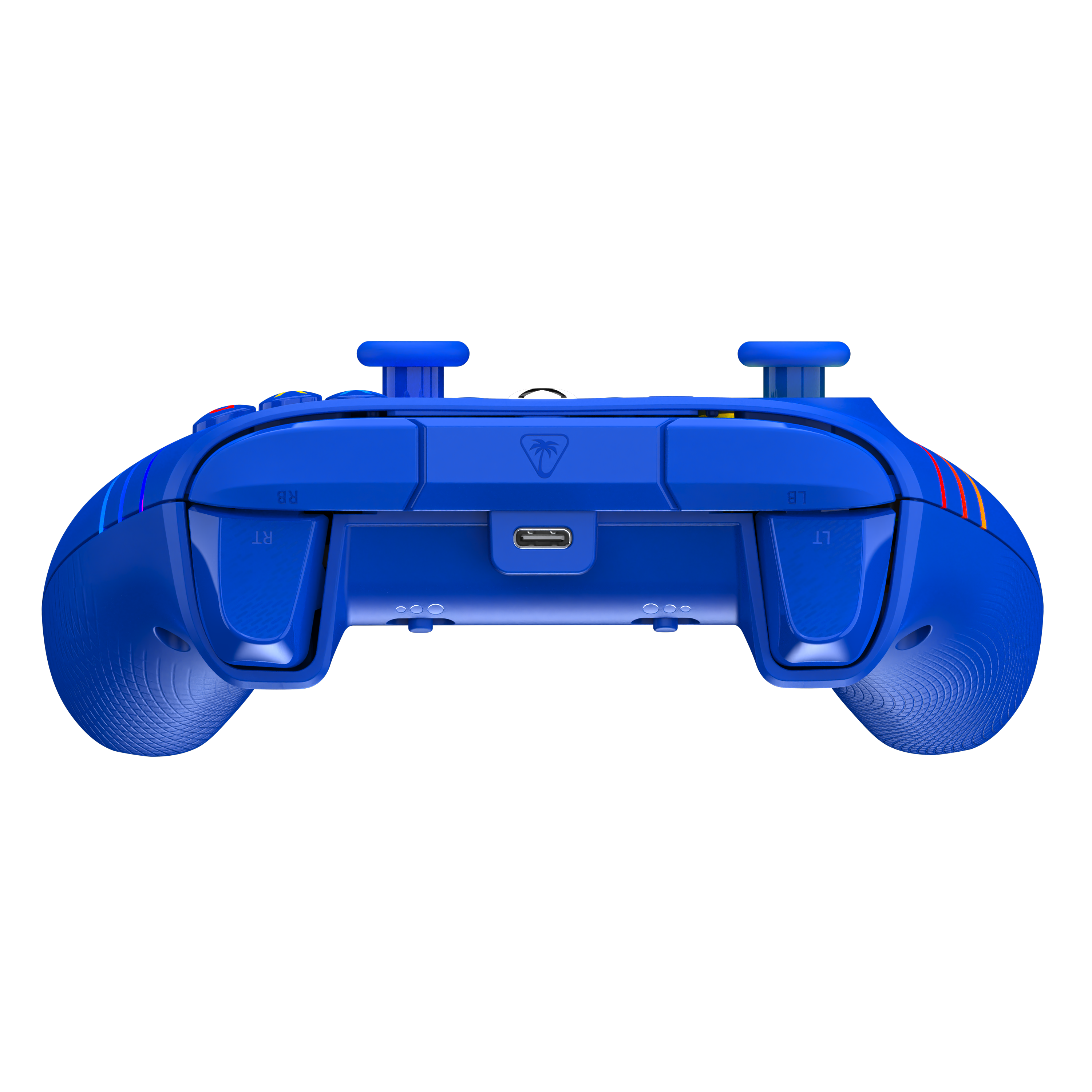 Vue arrière d'une manette bleue avec boutons de tranche, gâchettes et port USB-C sur fond noir.