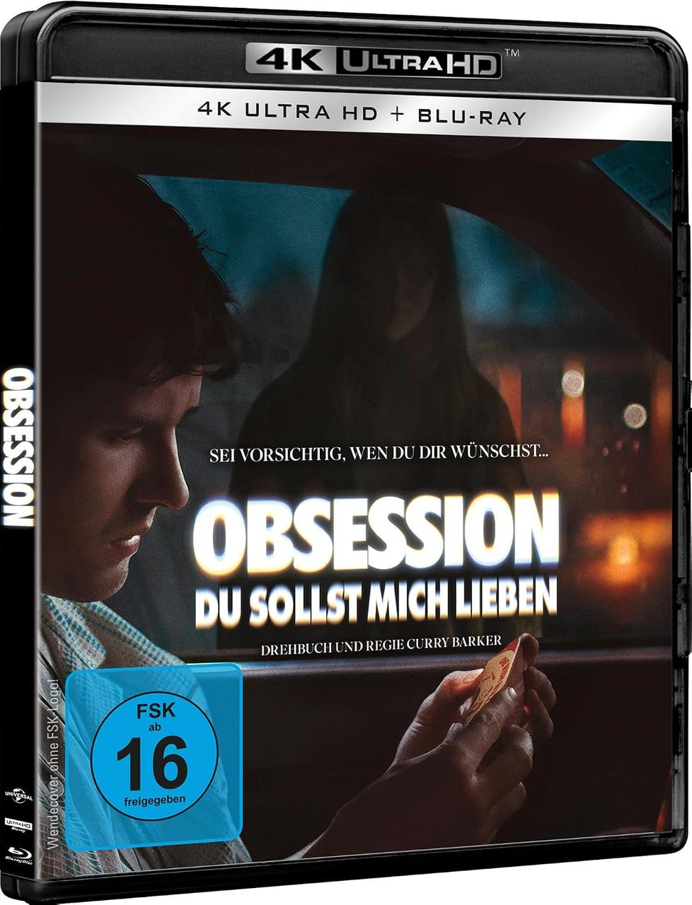 4K Ultra HD Blu-ray Hülle von "Obsession - Du sollst mich lieben" mit FSK 16 Logo und dunklem Filmplakat-Design.