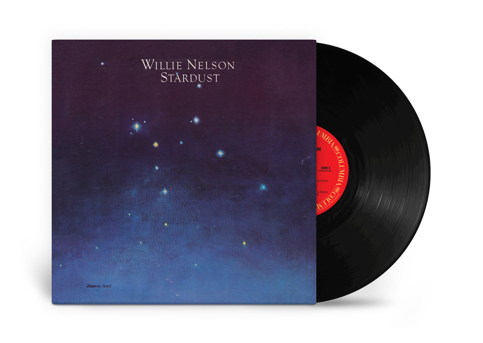 Willie Nelson Stardust Vinyl-Albumcover mit Sternenhimmel-Hintergrund und schwarzer Schallplatte.