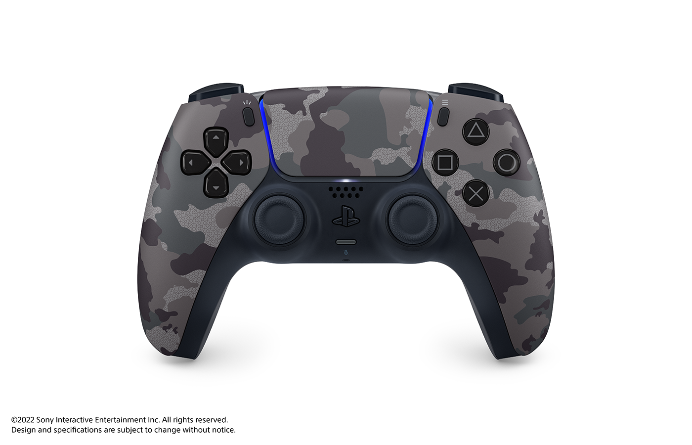 Szary bezprzewodowy kontroler PlayStation 5 w kamuflażu na białym tle.