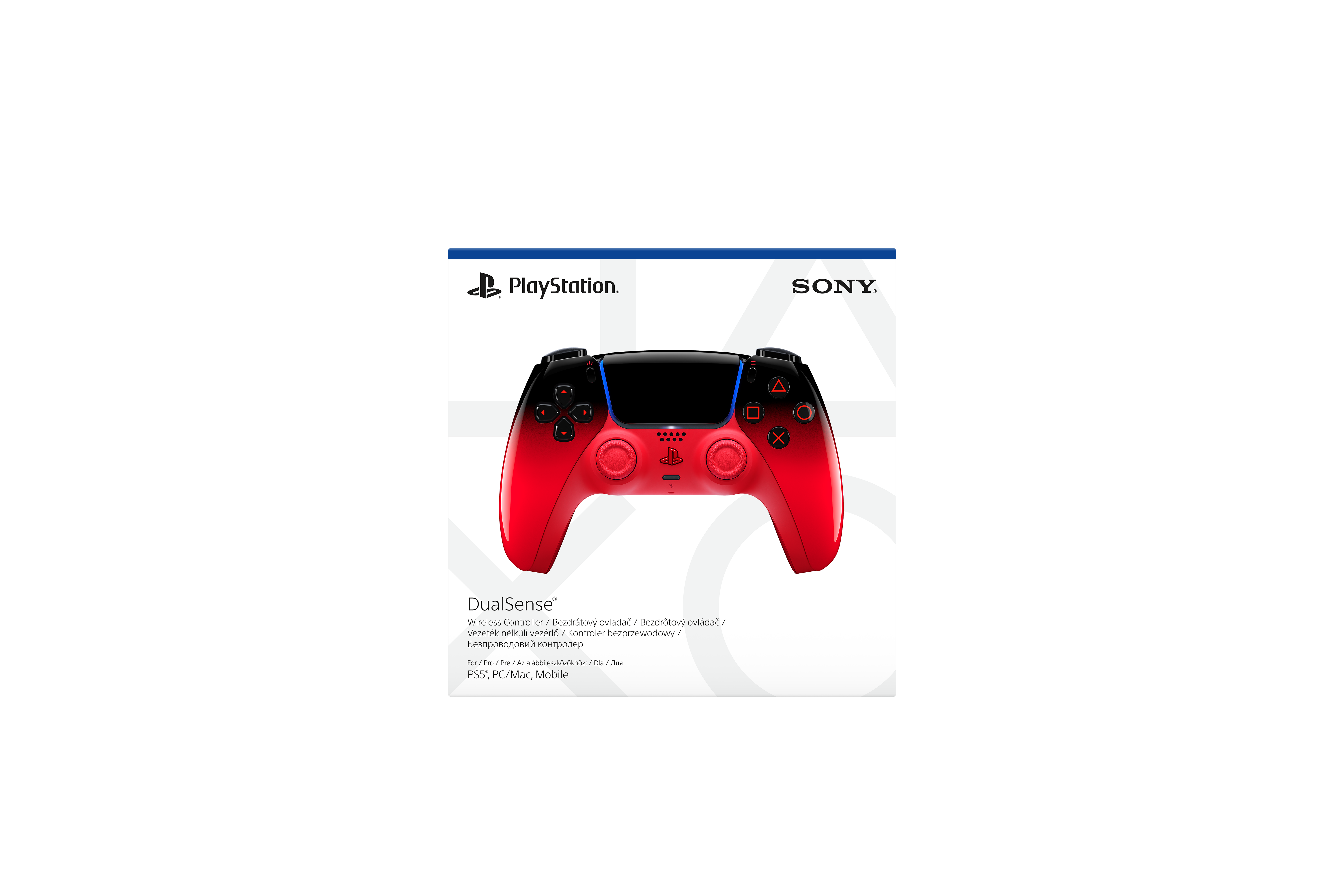 Opakowanie czerwono-czarnego kontrolera bezprzewodowego DualSense do PlayStation 5 na białym tle.