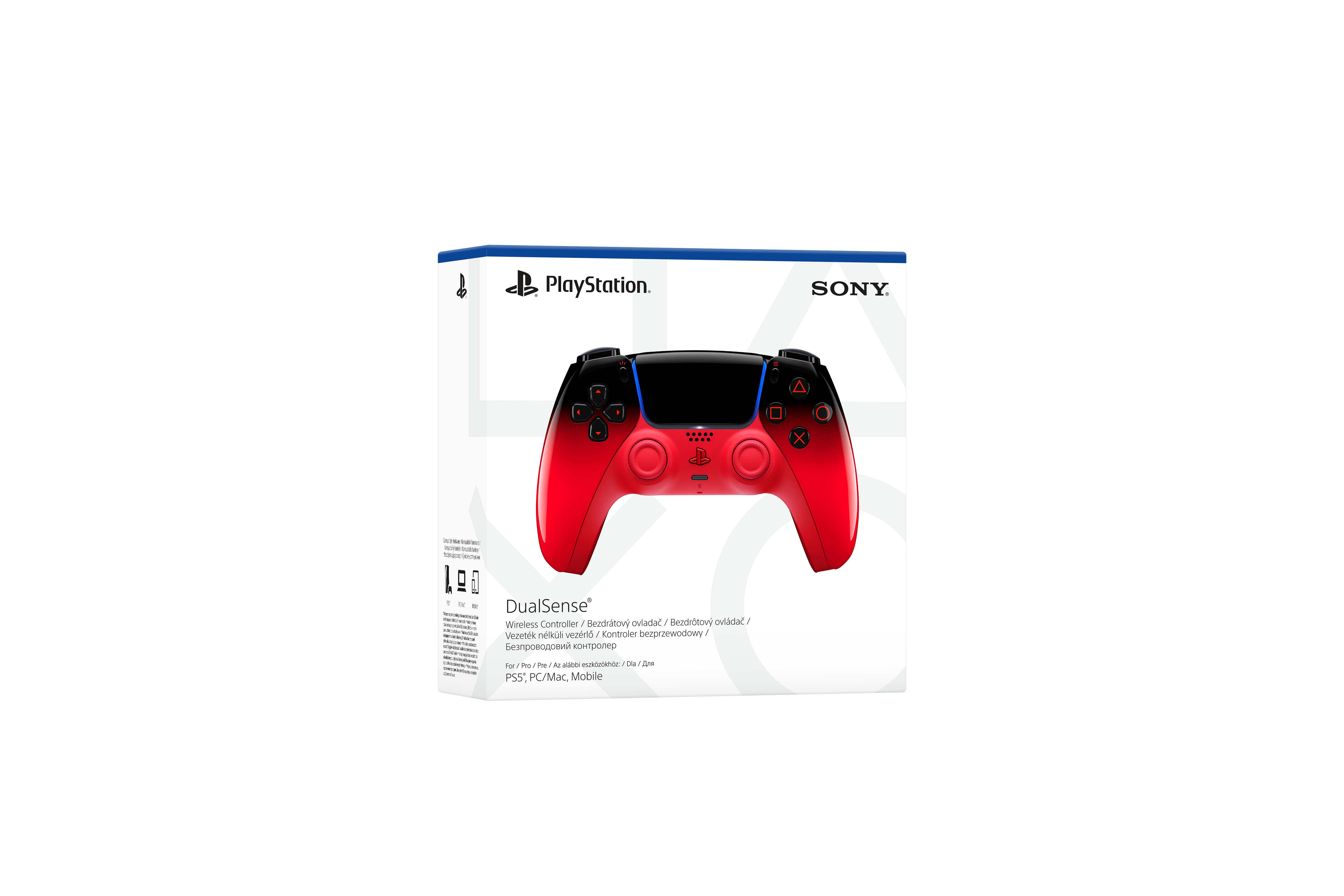 Biale pudelko produktu z czerwono-czarnym bezprzewodowym kontrolerem PlayStation DualSense na czarnym tle.