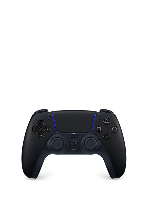 Czarny bezprzewodowy kontroler PlayStation 5 DualSense na bialym tle z niebieskim swiatlem.