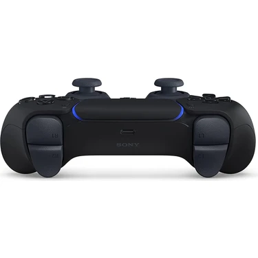 Czarny kontroler PlayStation 5 DualSense widziany od góry, pokazujący triggery, analogi i niebieskie światła.