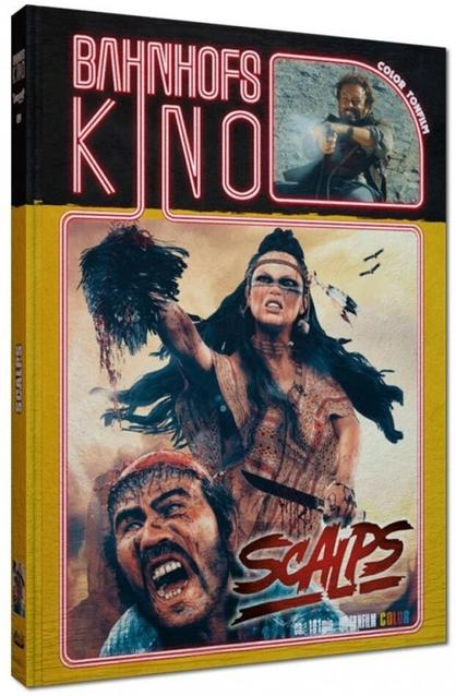Film-Cover mit blutigen Szenen, Text "Bahnhofs Kino" und "Scalps", mit einem Mann und einer Frau.