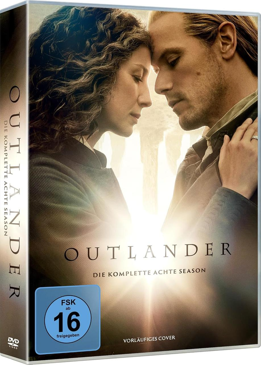 DVD-Cover von Outlander, Staffel 8, mit einem Paar in intimer Pose und einem FSK 16-Logo.