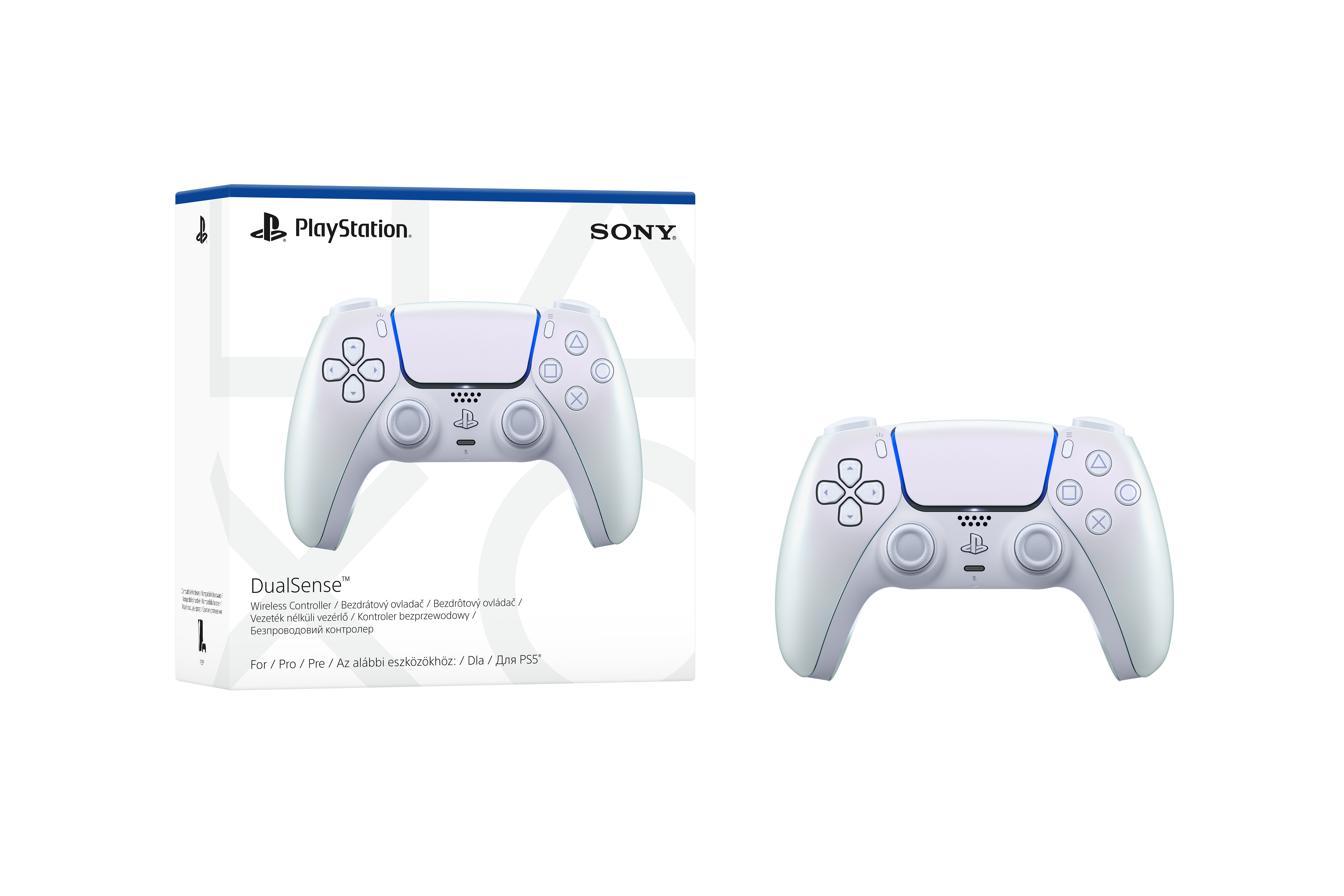 Biały kontroler bezprzewodowy DualSense do PS5 obok pudełka na czarnym tle.