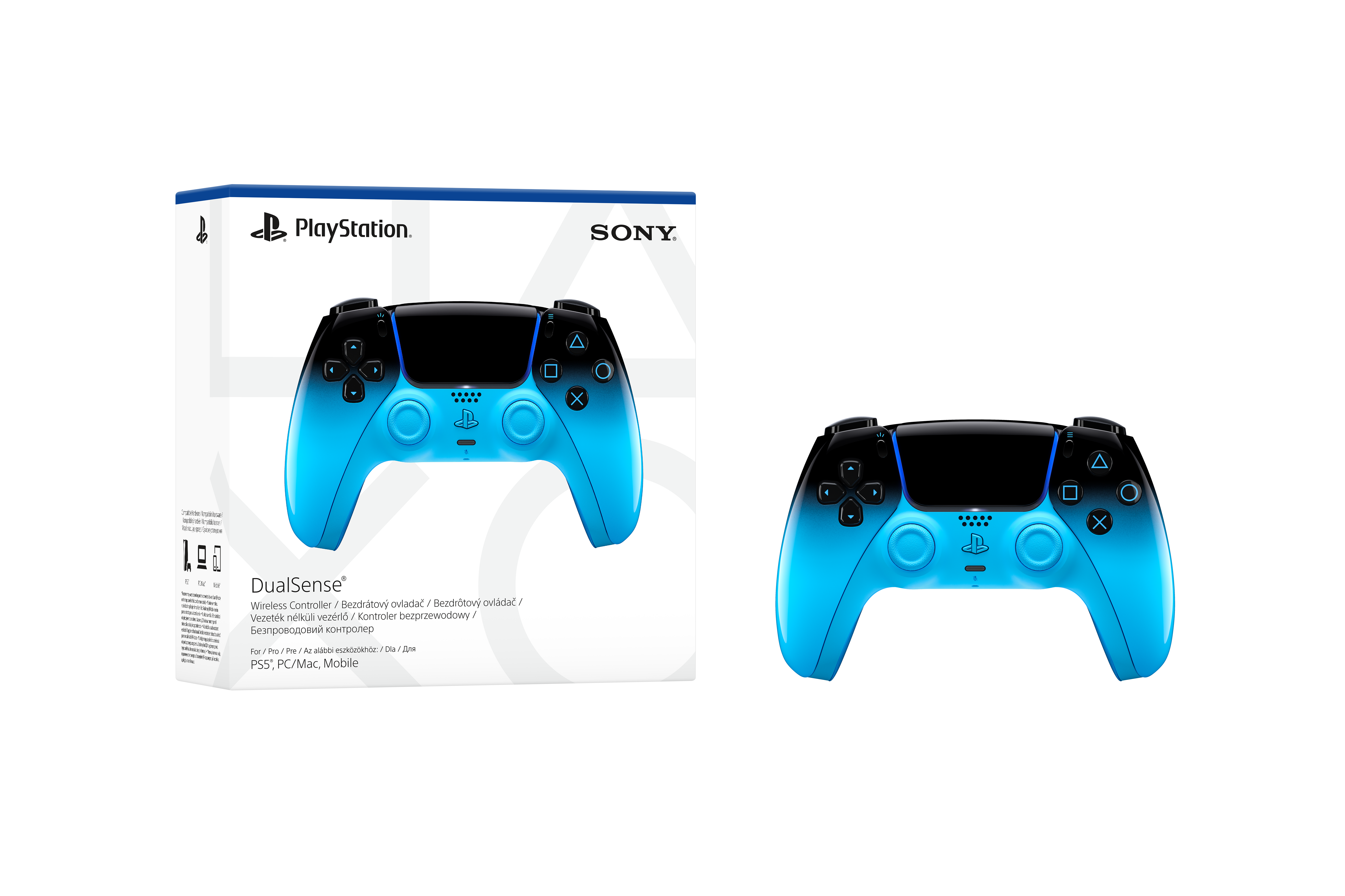 Niebiesko-czarny bezprzewodowy kontroler PlayStation DualSense obok opakowania na czarnym tle.