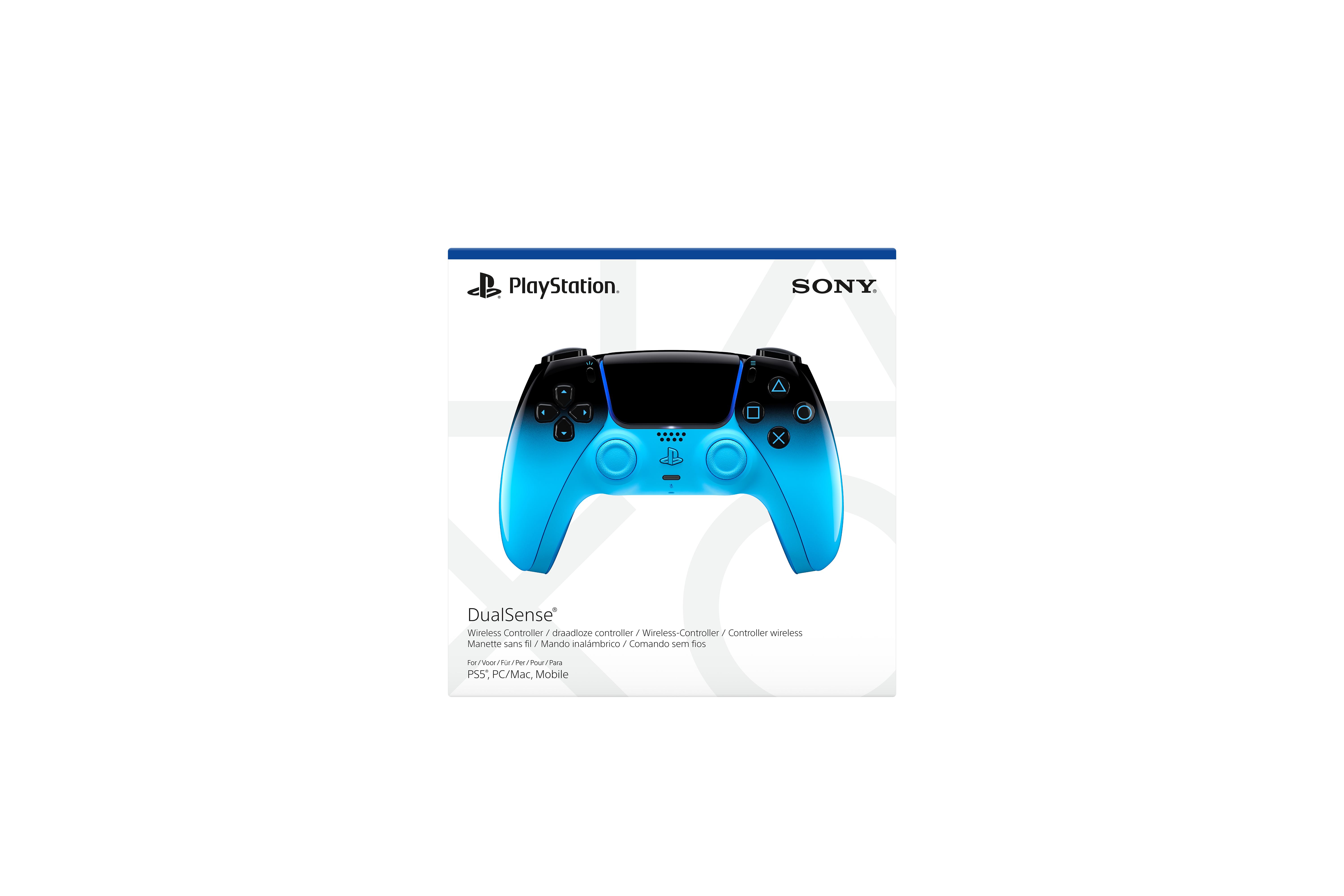 Bezprzewodowy kontroler Sony DualSense do PS5 w niebieskim gradiencie na białym opakowaniu z logo PlayStation.
