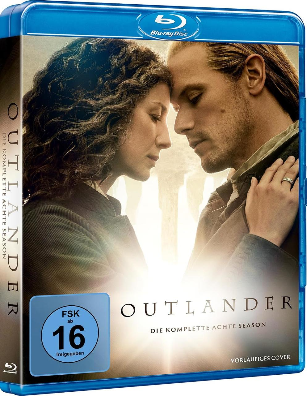 Outlander Blu-ray-Hülle mit einem Paar, das die Köpfe aneinanderlehnt, und FSK-16-Logo.