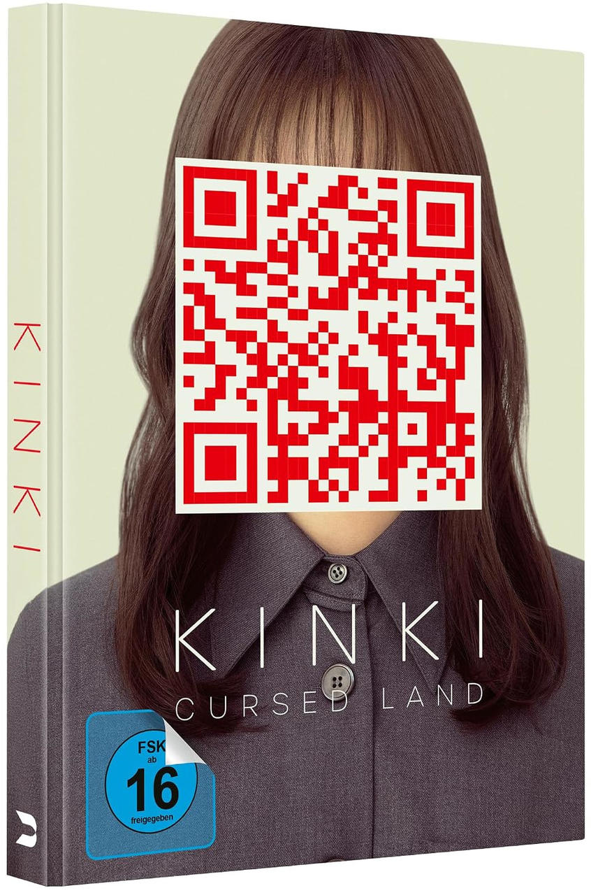 Cover mit einer Frau, deren Gesicht von einem roten QR-Code bedeckt ist, und dem Titel Kinki Cursed Land.