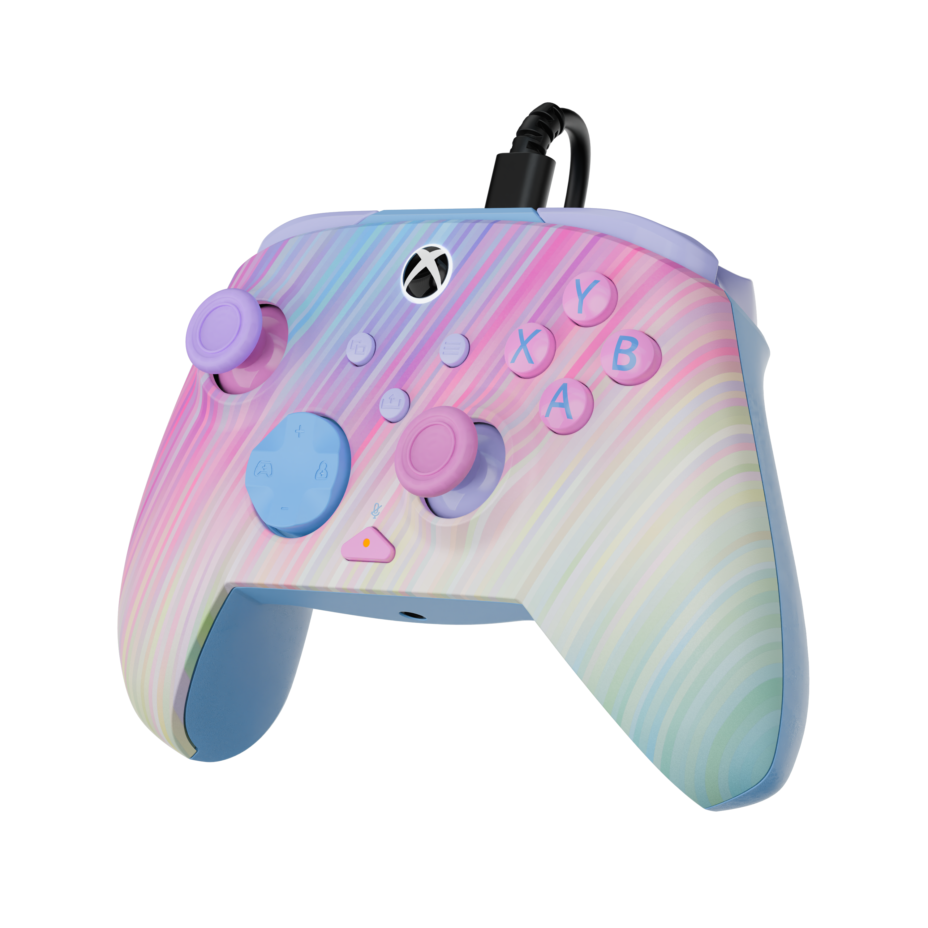 Une manette Xbox pastel à motifs rayés, boutons bleus et roses, et un câble noir.