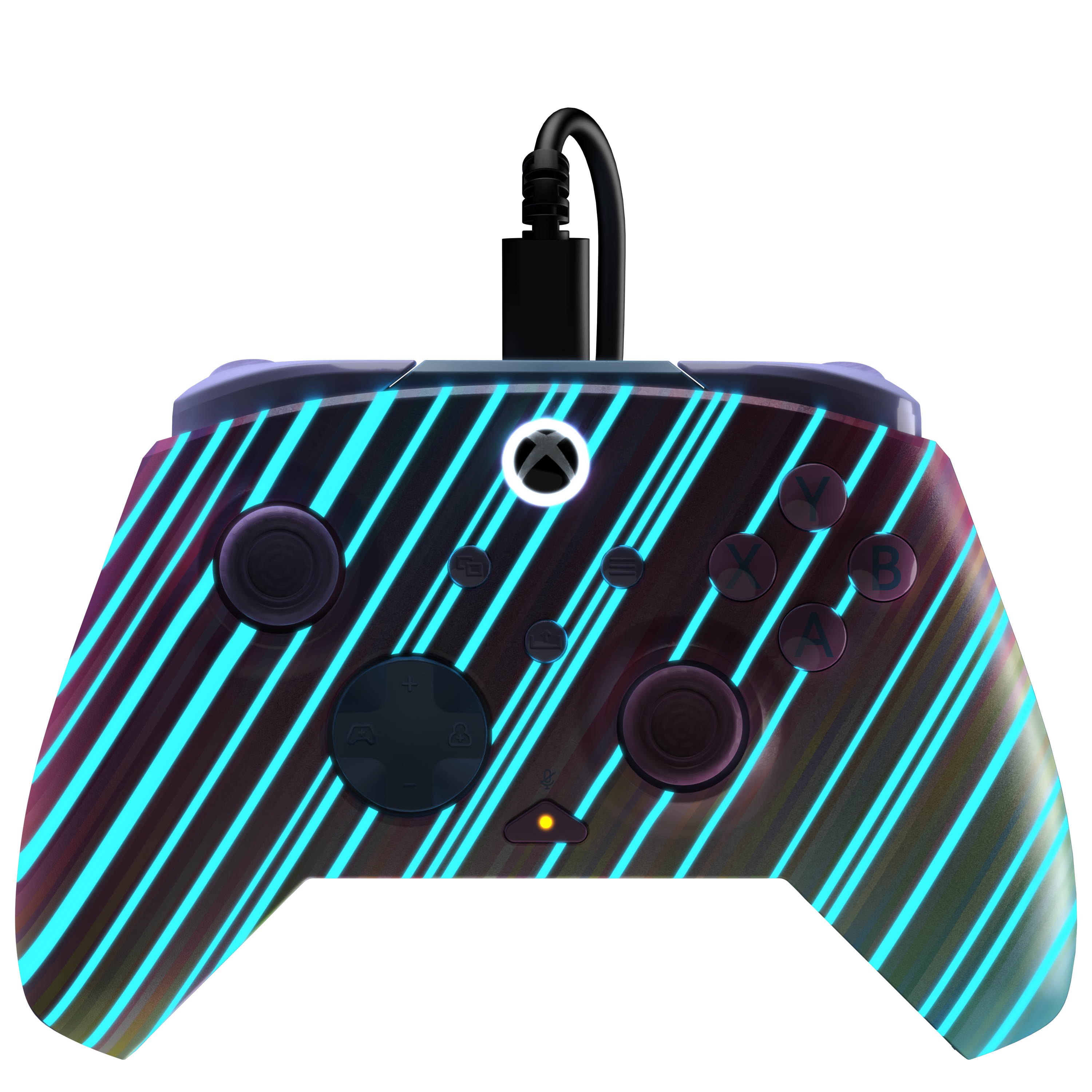 Une manette Xbox avec un motif de rayures bleu néon et une connexion filaire sur fond noir.