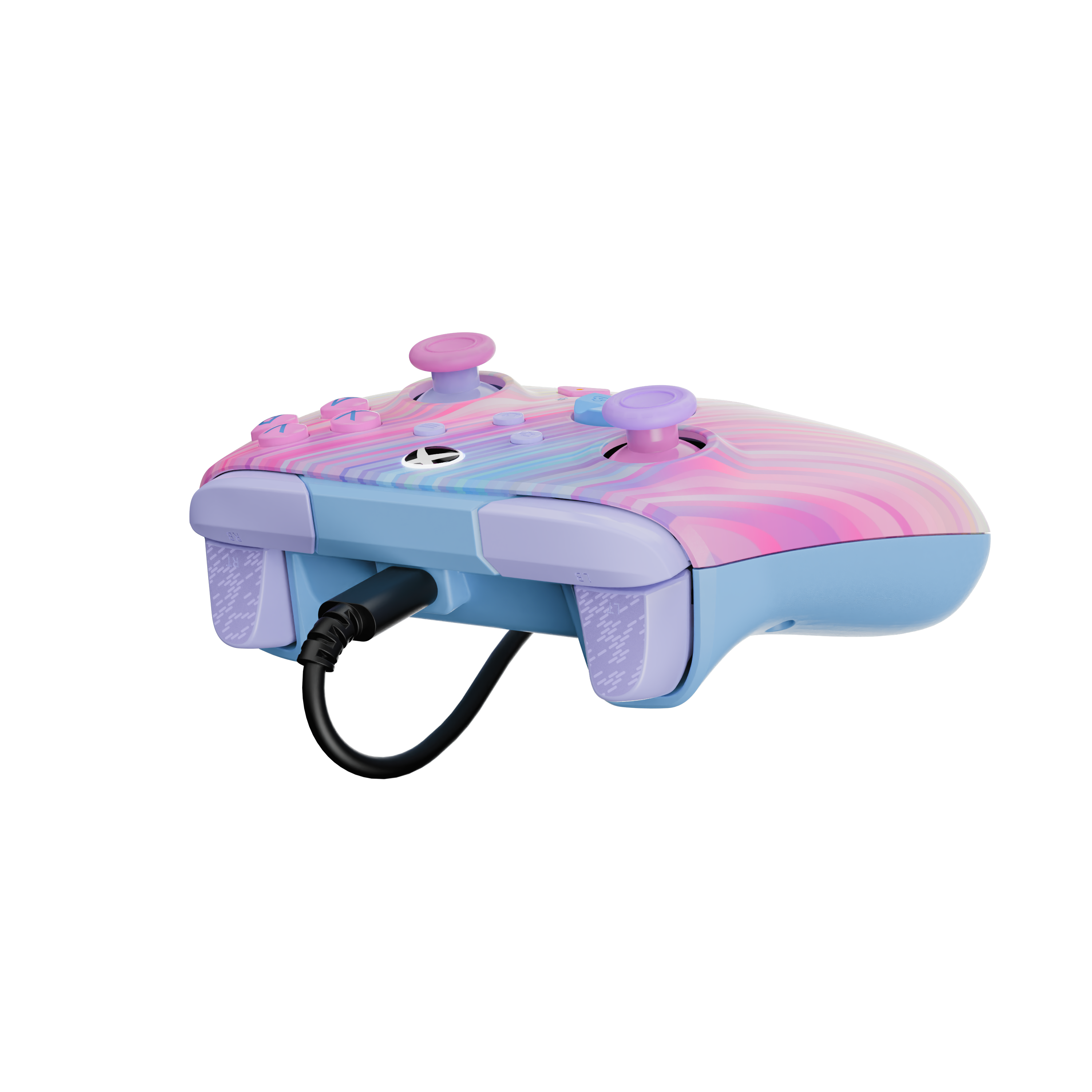 Une manette pastel à motif rose et bleu, branchée sur un câble noir sur fond noir.