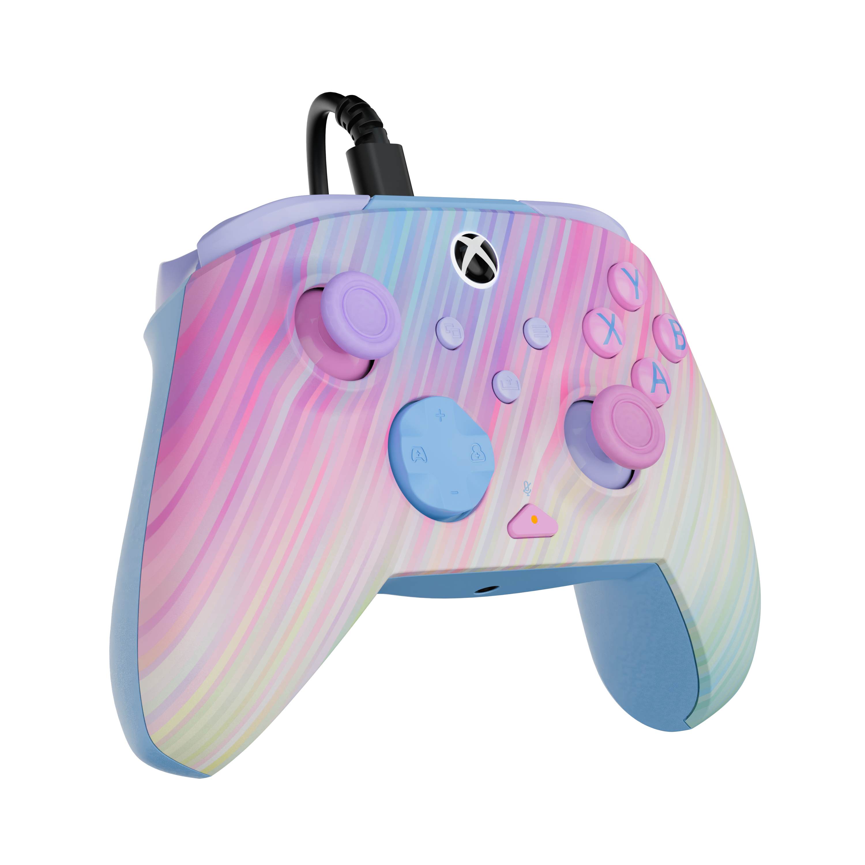 Manette Xbox aux couleurs pastel avec un design rayé sur fond noir.