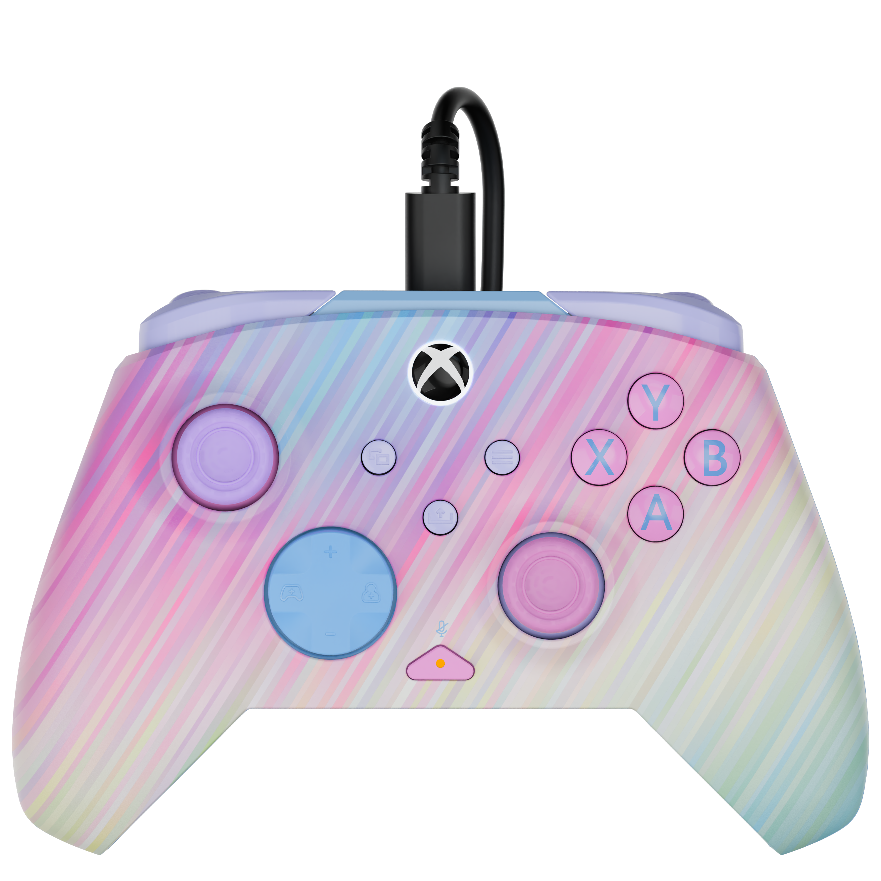 Une manette Xbox filaire à rayures pastel avec des boutons roses et bleus sur fond noir.