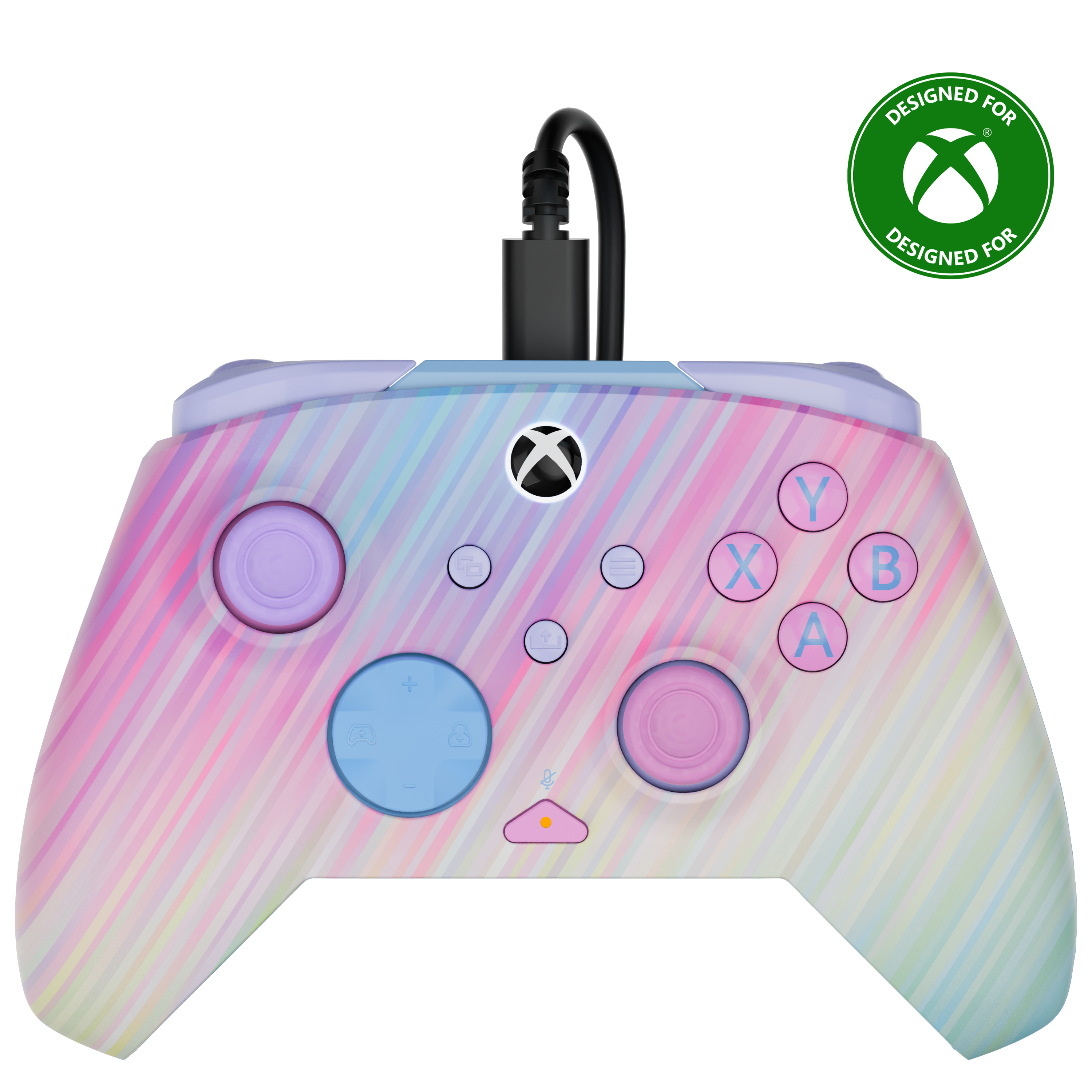 Une manette Xbox à rayures pastel connectée par câble, avec des boutons bleus et le logo Xbox.
