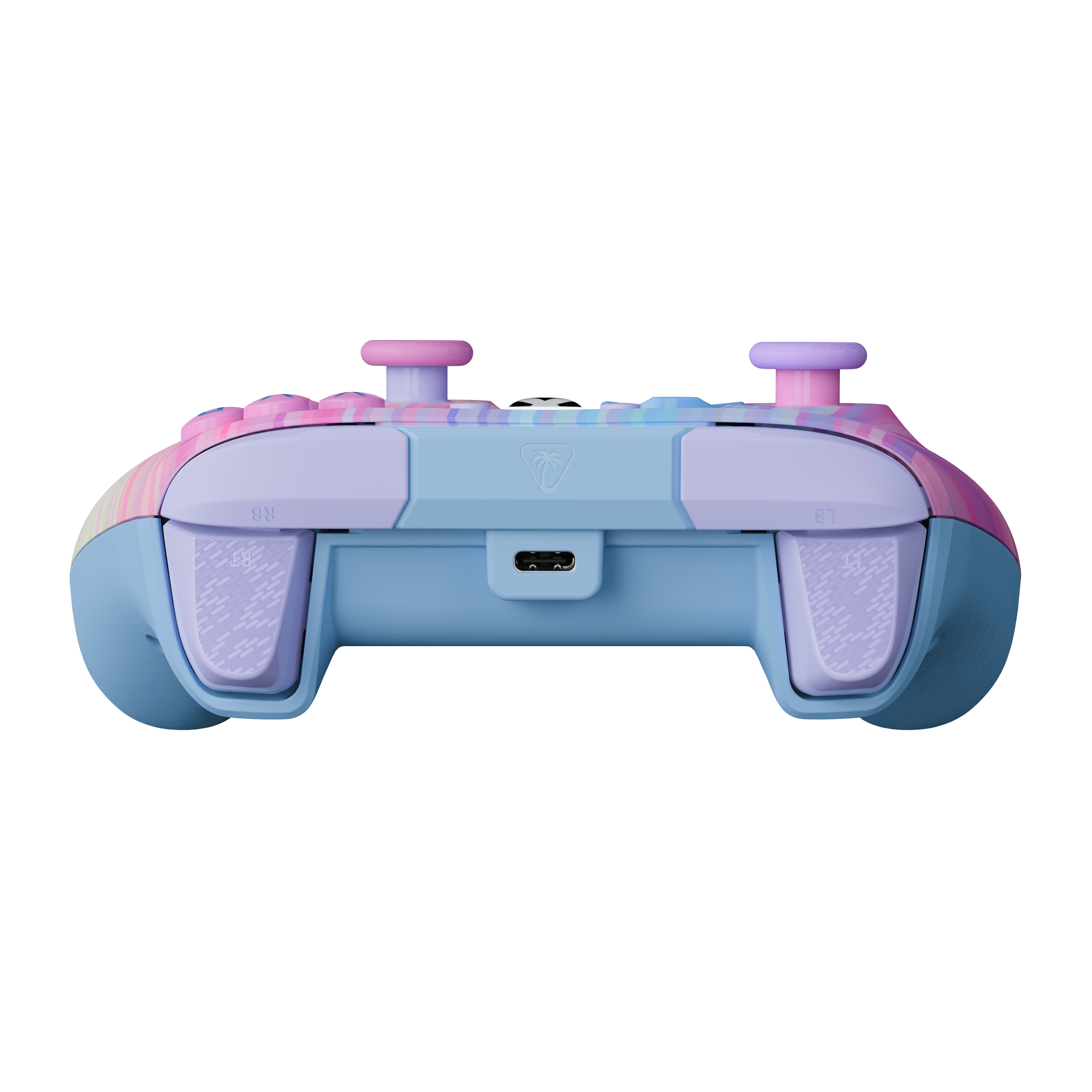 Manette de jeu aux couleurs pastel vue de dos sur fond noir.