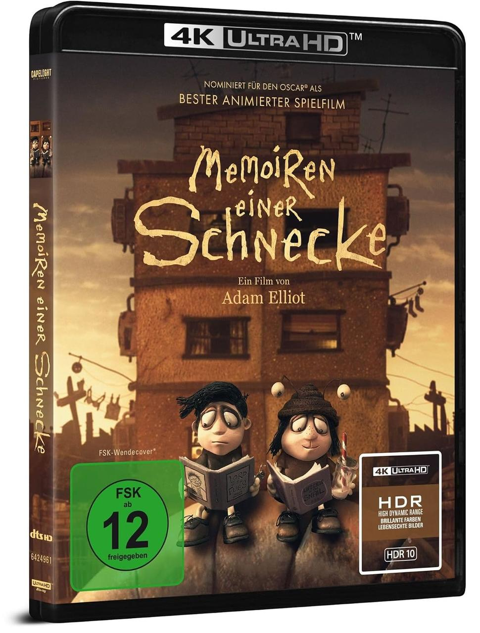 4K Ultra HD Blu-ray Cover von Memoiren einer Schnecke mit zwei Figuren davor und einem Haus im Hintergrund.