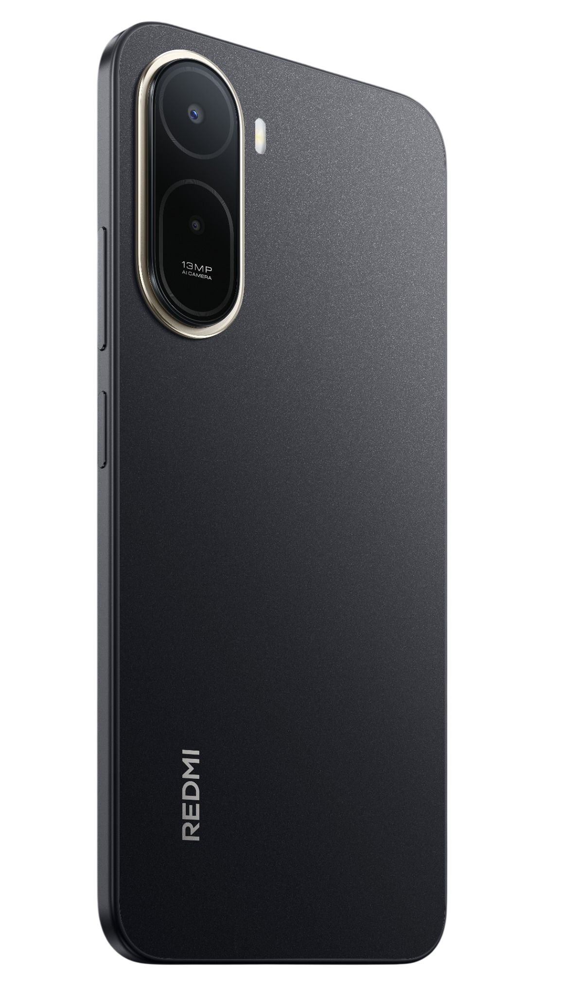 Siyah arka plan üzerinde dikey çift kameraya ve gümüş kenarlığa sahip siyah bir Redmi akıllı telefonun arkası.