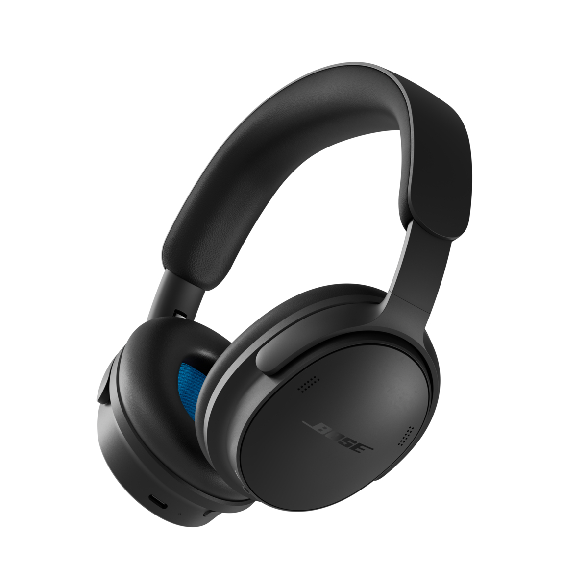 Schwarze Bose-Over-Ear-Kopfhörer mit blauen Innenpolstern vor weißem Hintergrund.