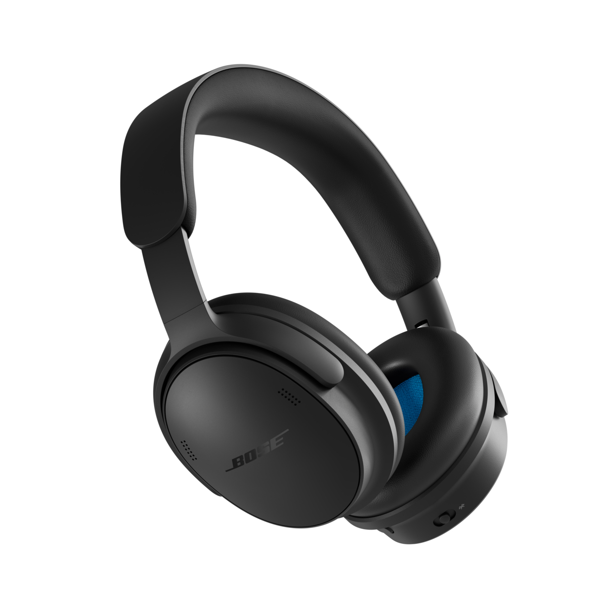 Schwarze Bose-Over-Ear-Kopfhörer mit blauen Stoffakzenten in den Ohrmuscheln vor weißem Hintergrund.
