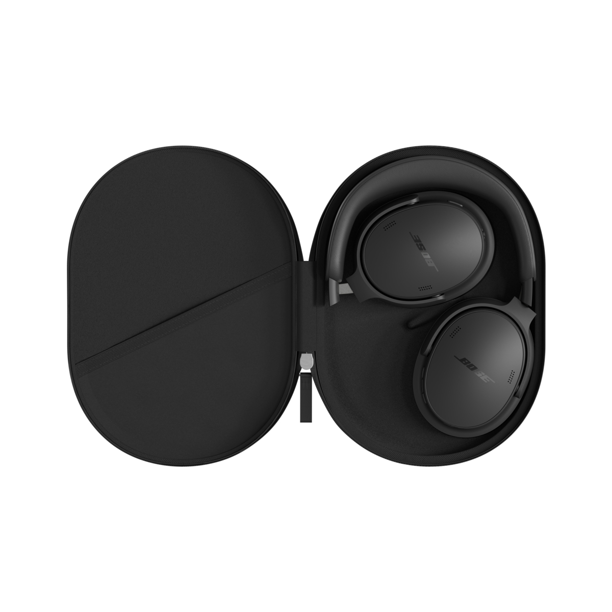 Schwarze Over-Ear-Kopfhörer ordentlich verstaut in einem offenen, runden schwarzen Hartschalenetui.