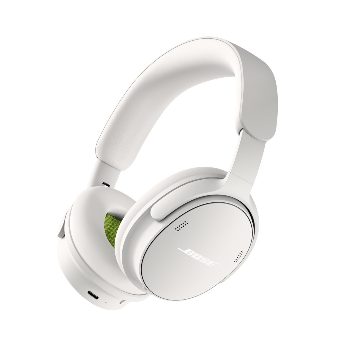 Weiße Bose Over-Ear-Kopfhörer mit grünem Innenfutter und Markenlogo auf weißem Hintergrund.
