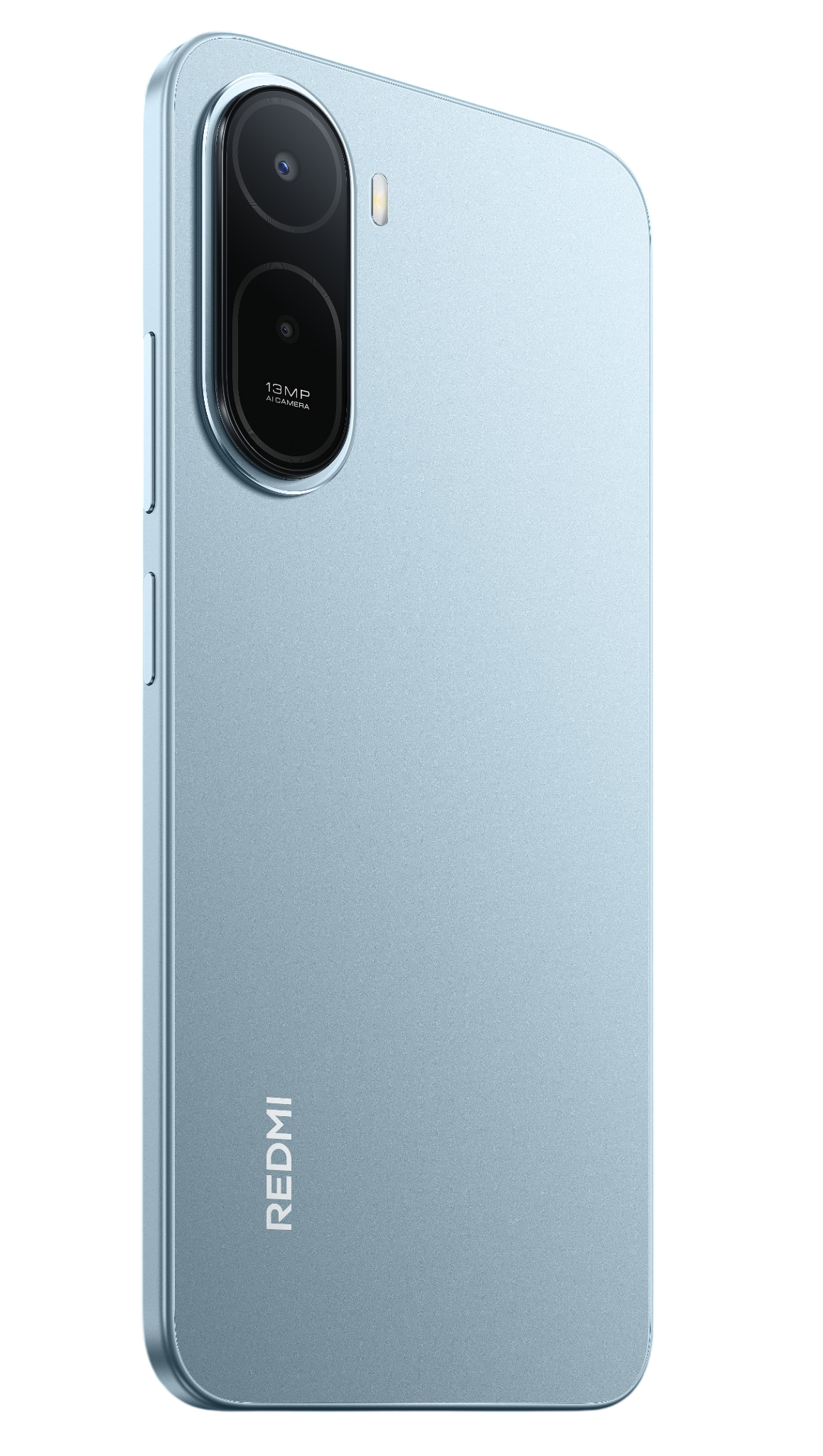 Siyah arka planda dikey çift kameralı ve Redmi logolu açık mavi bir Redmi akıllı telefonun arkası.