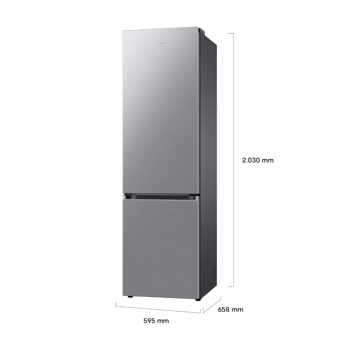 Frigorífico de acero inoxidable con dimensiones: altura 2.030 mm, anchura 595 mm, profundidad 658 mm.