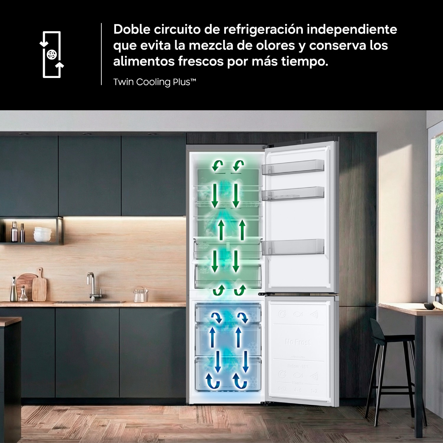Frigorífico en cocina moderna con representación visual del sistema Twin Cooling Plus.