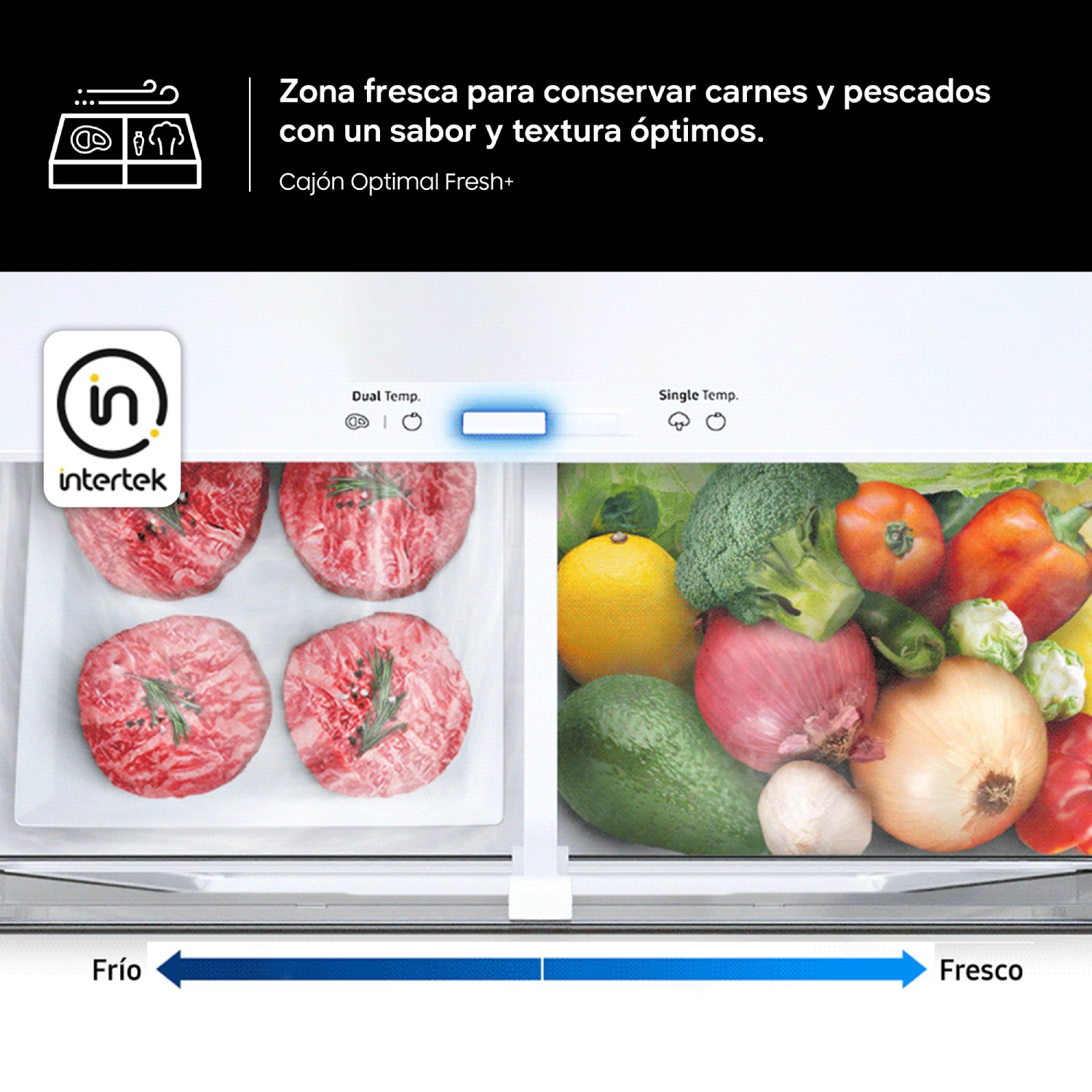 Cajón fresco de refrigerador con carne cruda a la izquierda y verduras a la derecha.