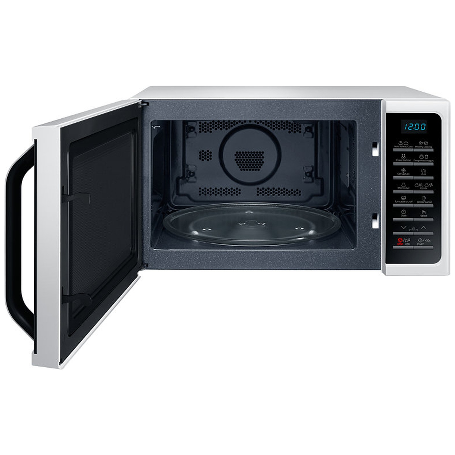 A white microwave with the door open and a digital control panel on the right side.