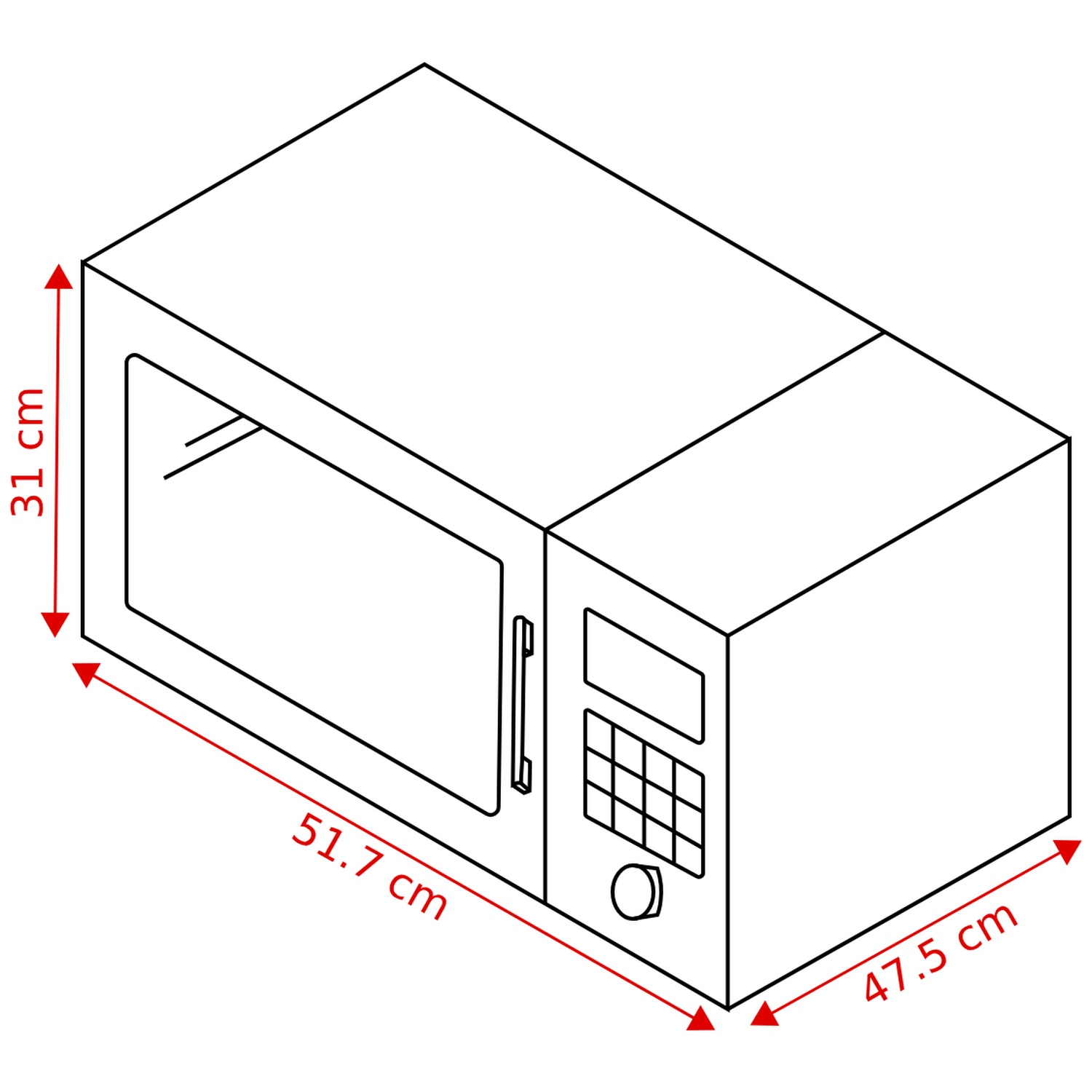 Technical sketch of a microwave with dimensions: height 31 cm, width 51.7 cm, depth 47.5 cm in red.