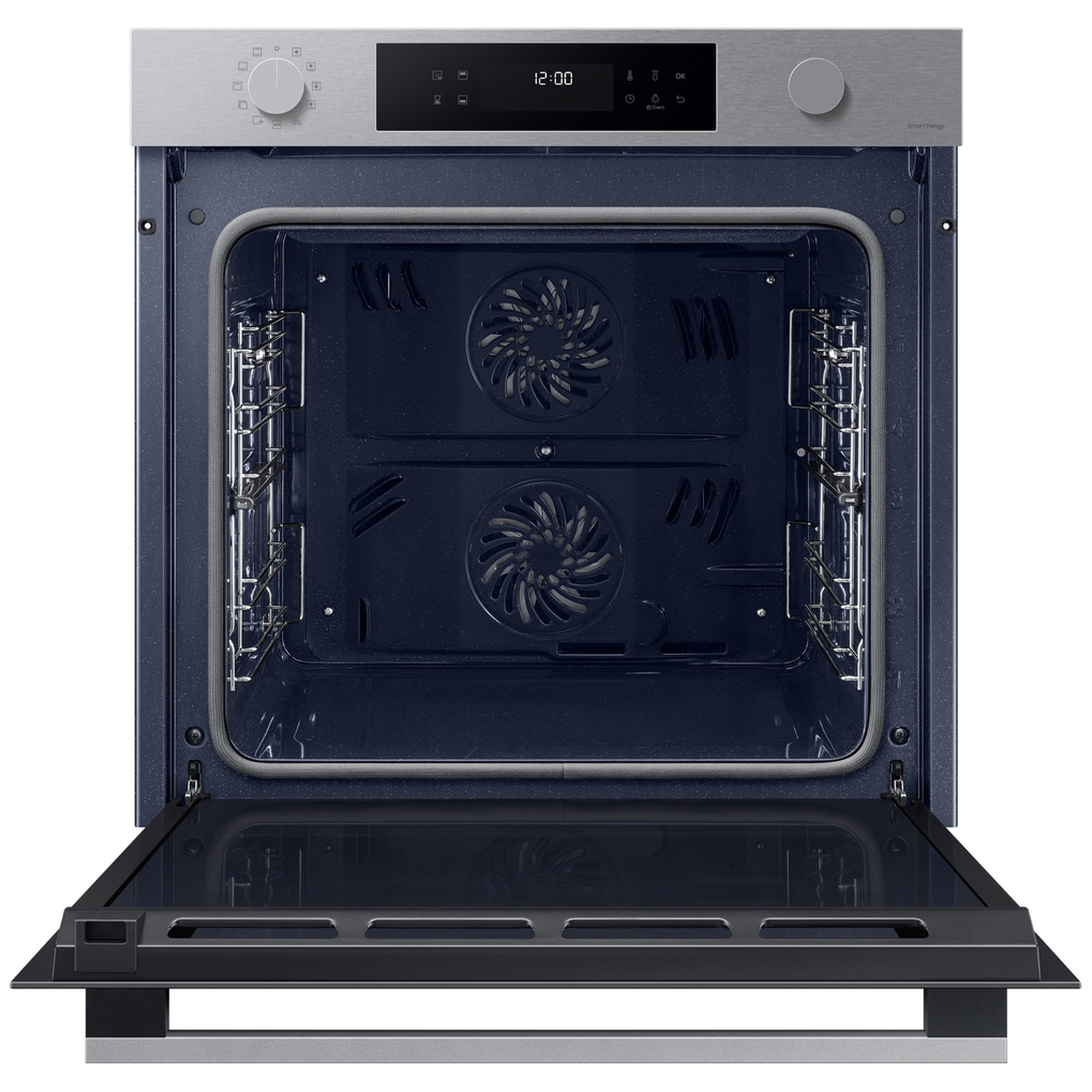 Een open blauwe oven met twee ventilatoren, een zilveren bedieningspaneel en digitaal display.