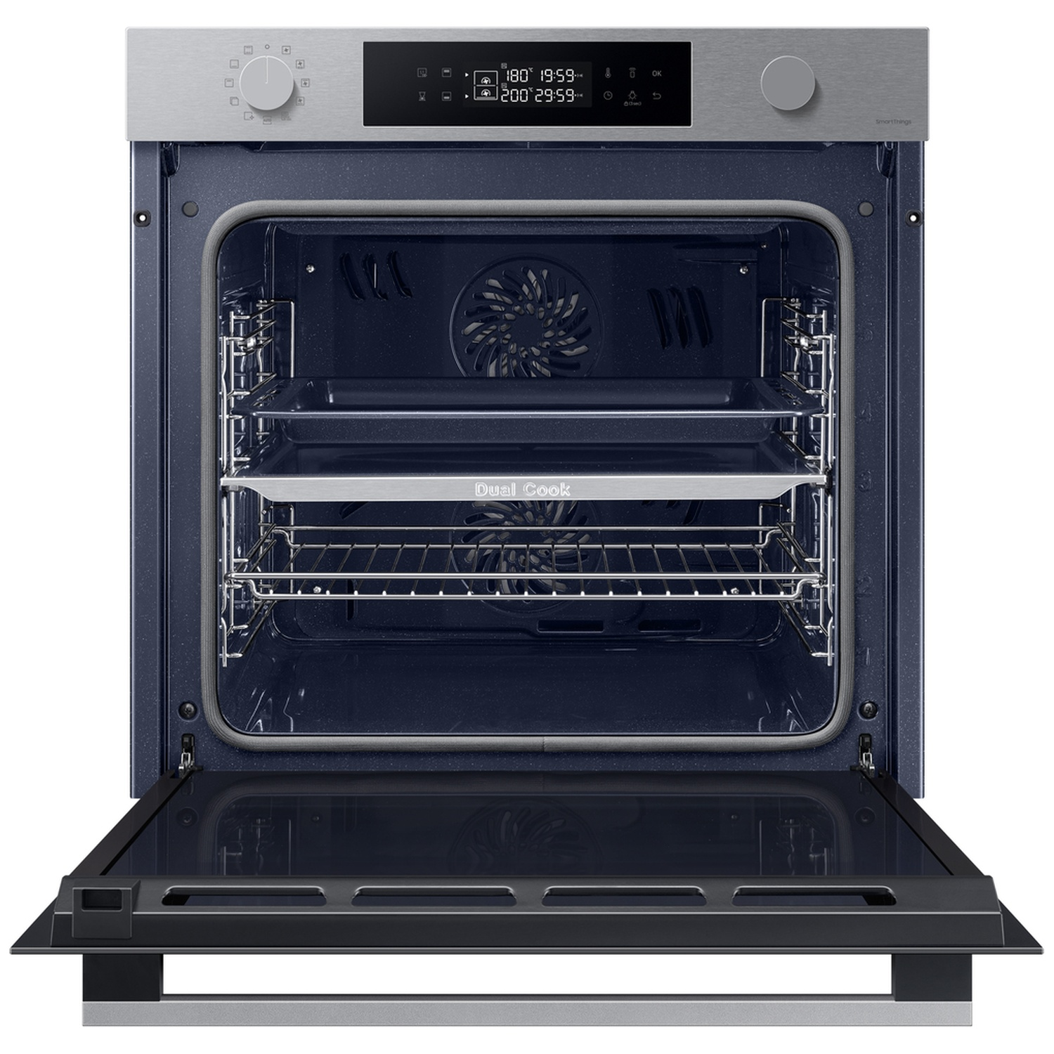 Roestvrijstalen oven met open deur, digitaal display en twee planken voor dubbel koken.