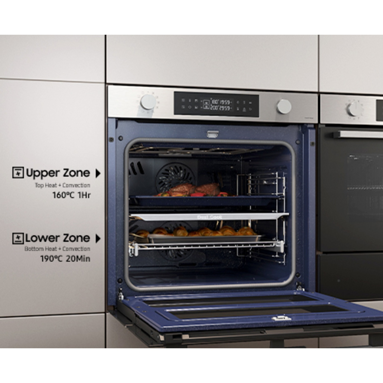 Dubbele oven bakt vlees boven op 160C voor 1u en gebak onder op 190C voor 20min.