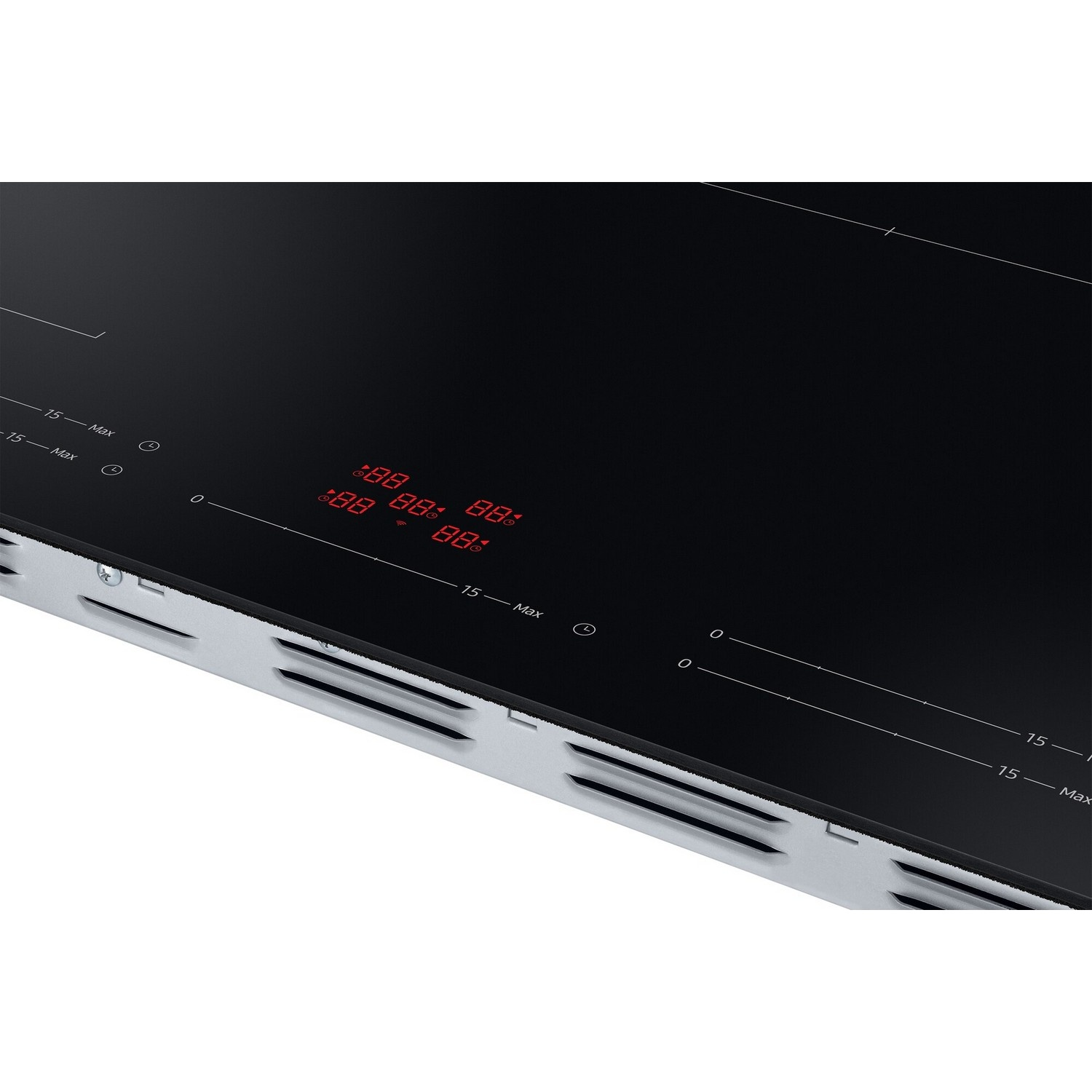Zwarte inductiekookplaat met rode digitale displays en een zilveren metalen frame.