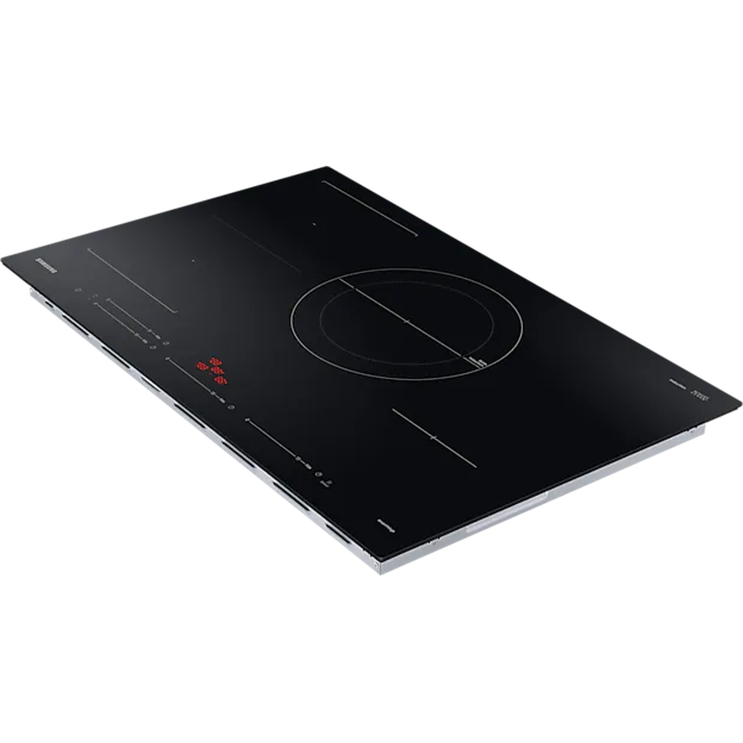 Zwarte Samsung inductiekookplaat met touch-bediening op een witte achtergrond.