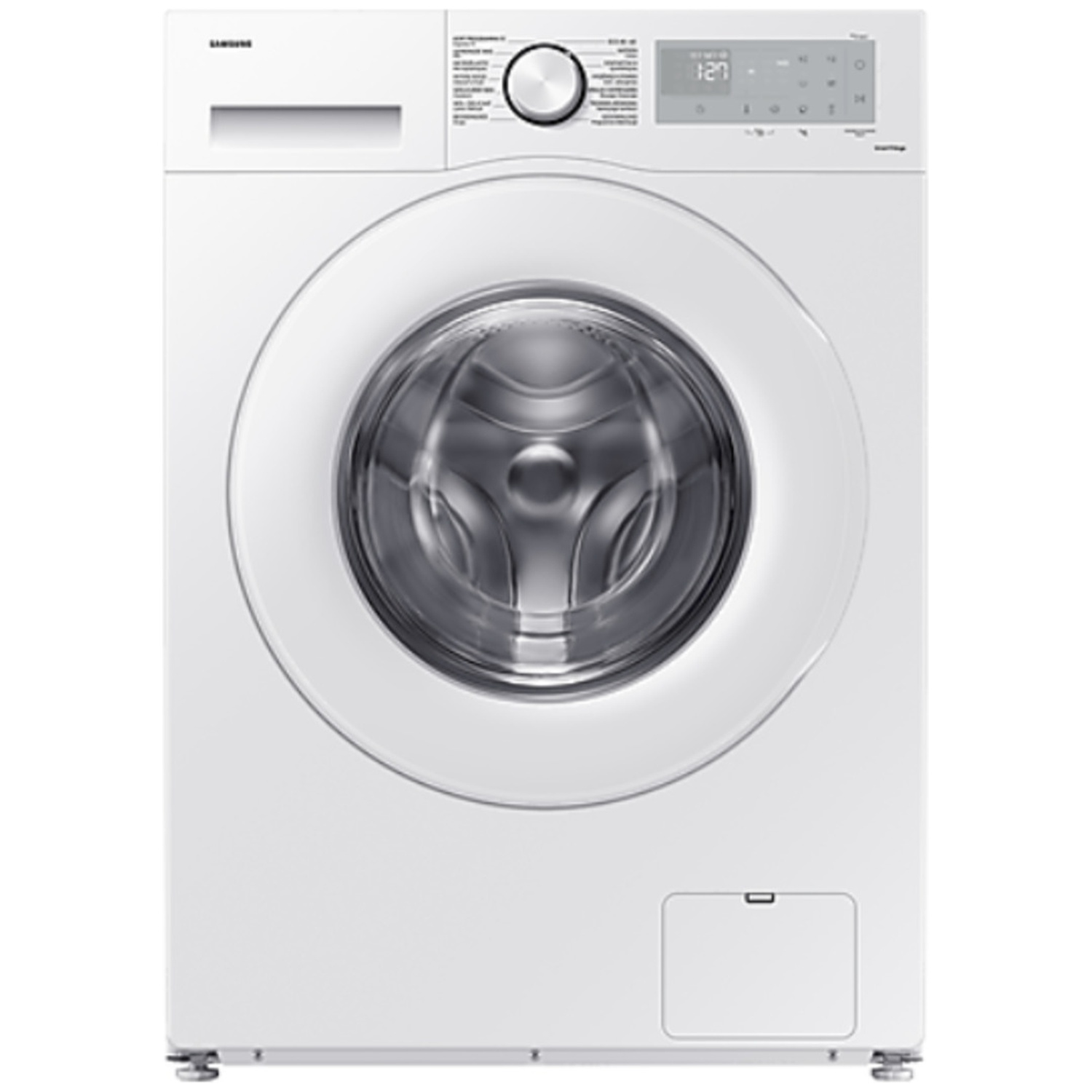 A white Samsung front-load washing machine with a dial and digital display against a white background.