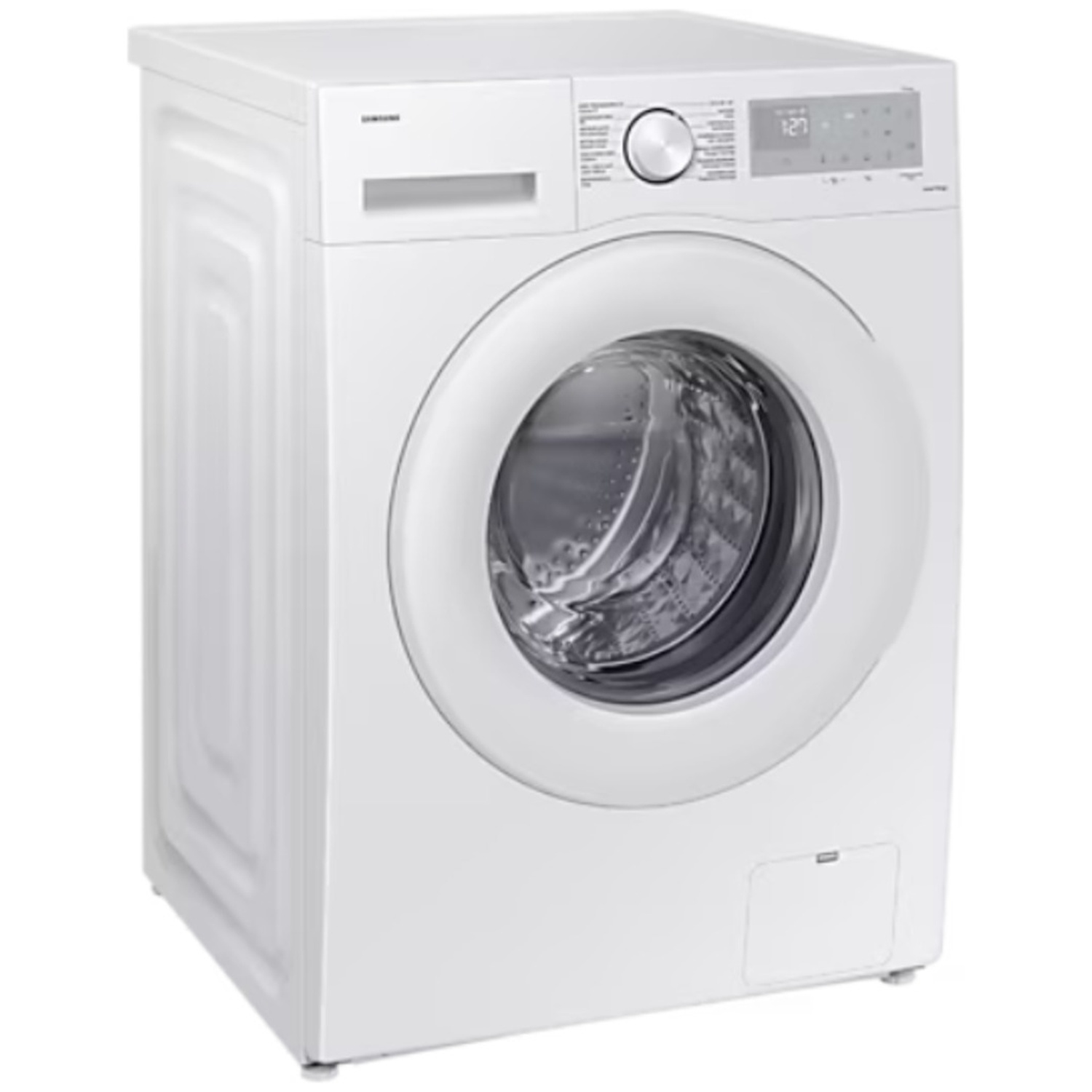 A white washing machine with a round glass door and digital display against a white background.