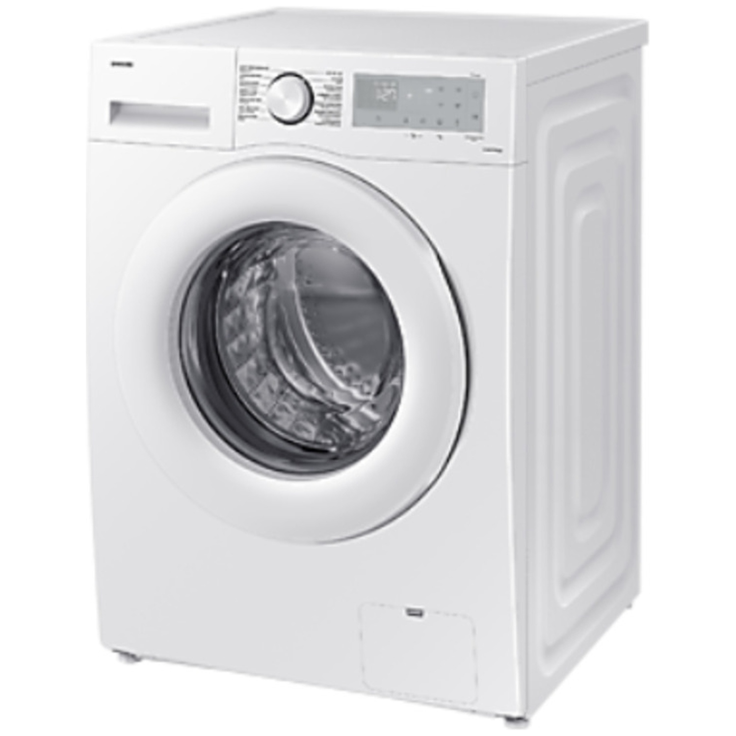 A white front-load washing machine with a dial and digital display against a white background.